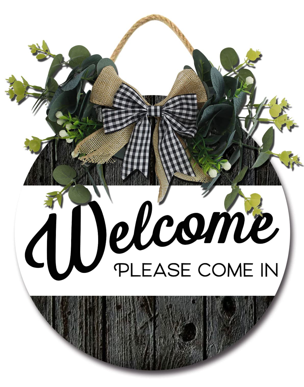 Isaric 12In Rustic Wooden Welcome Sign with Bow & Greenery - Farmhouse Front Door Decor, Round Wall Art for Indoor & Outdoor Home - Perfect for Entryway, Porch, and Living Room Decor