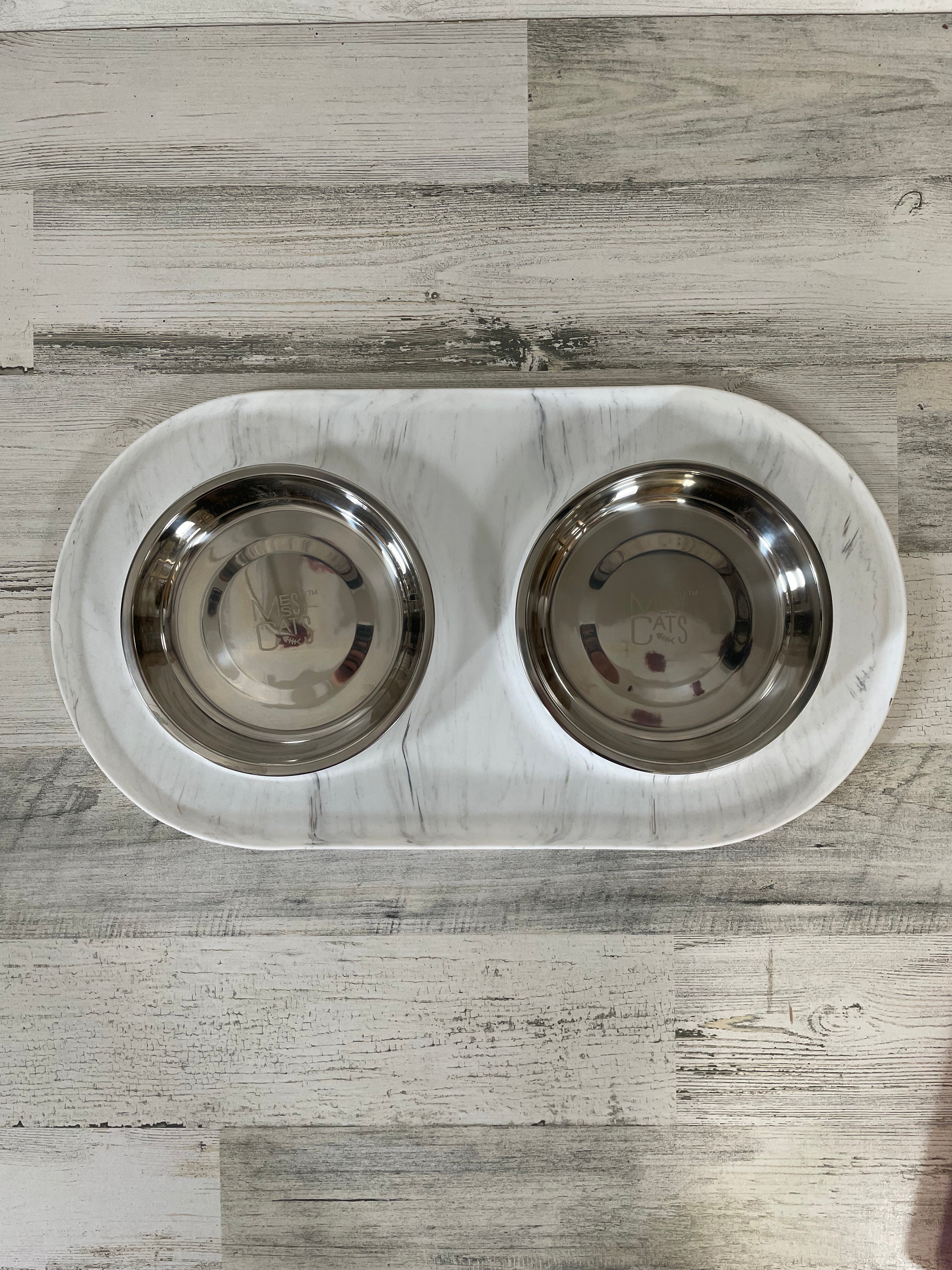 Premium Non-Slip Marble Silicone Cat Feeding Mat with Dual Stainless Steel Bowls - Perfect for Messy Eaters & Multi-Cat Households (Kitchen, Dining Area, Pet Station)