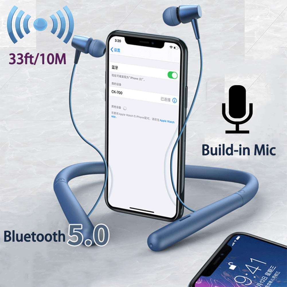 Wireless Bluetooth 5.0 Neckband Headphones with 20-Hour Playtime, 10mm Drivers, Magnetic Earbuds & Noise Cancelling Mic - Sweatproof, Lightweight for Running, Gym & Commuting (Blue)
