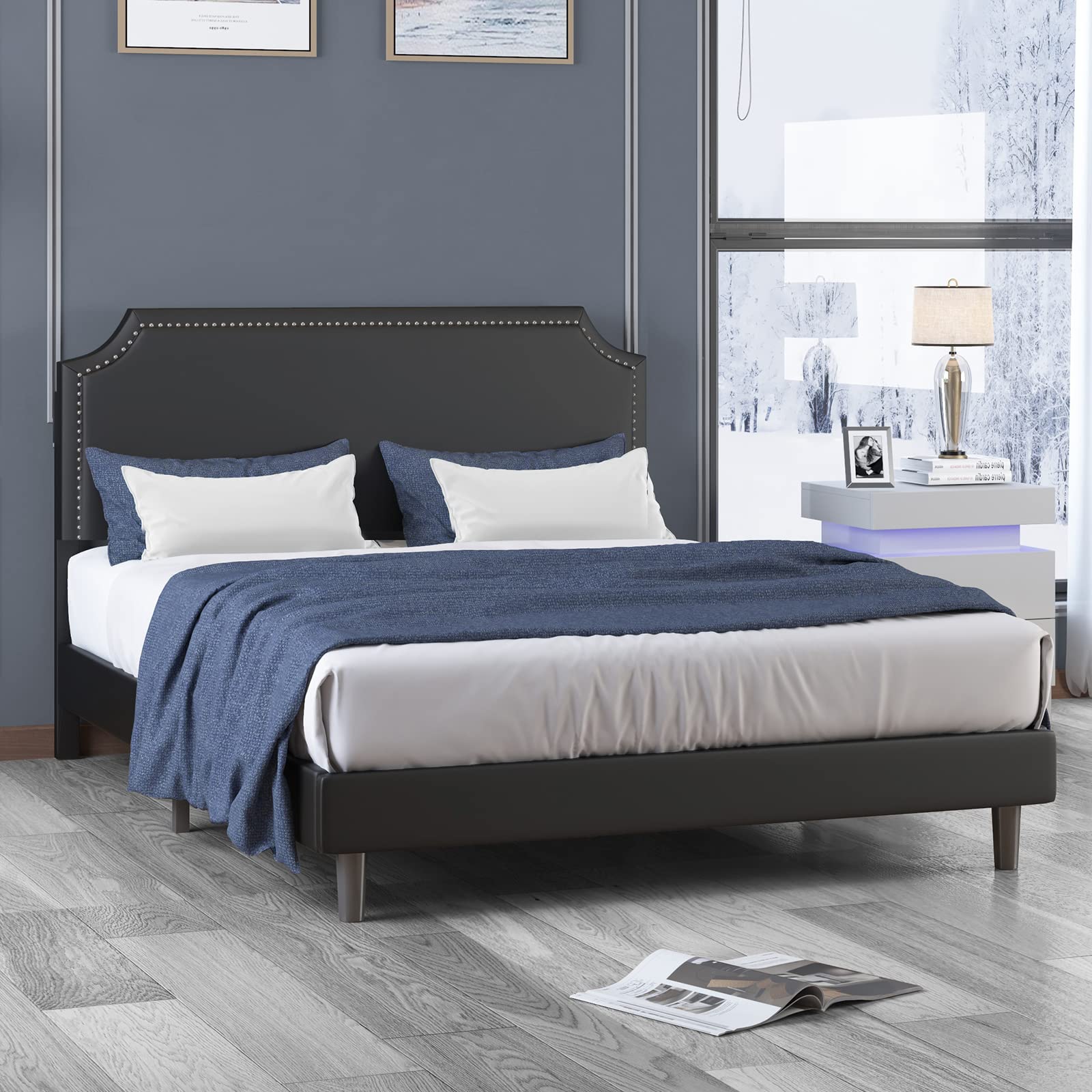 Muzz Platform Bed Frame with Adjustable Headboard - Full Size Black Wooden Slat Support Bed - No Box Spring Needed, Easy Assembly - Perfect for Modern Bedrooms, Guest Rooms & Small Spaces
