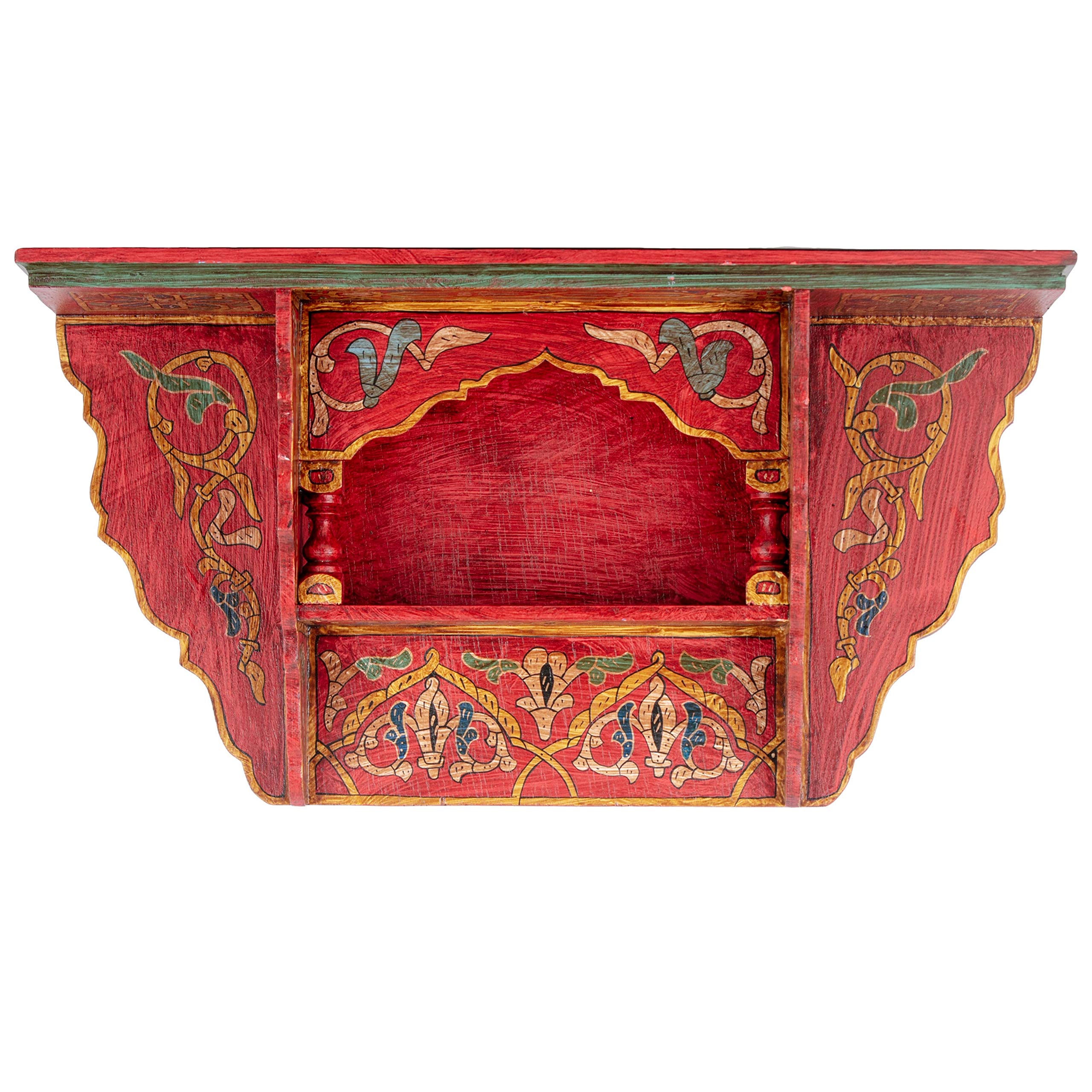 HibArt Moroccan Wooden Floating Shelves - Hand Painted Zouak Style Arabic Wall Shelf for Living Room, Bedroom Decor (Medium, Red Brick) - Perfect for Displaying Books, Plants & Home Decor