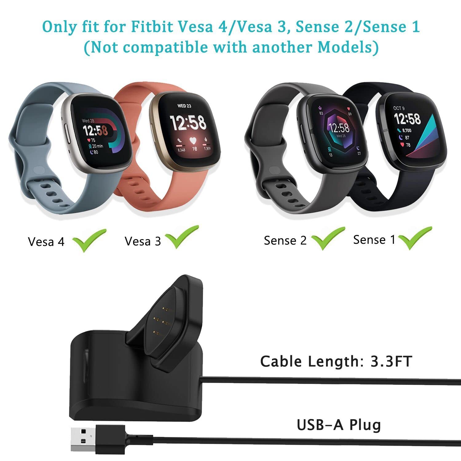 Uskiim Anti-Slip Charging Dock Station for Fitbit Sense/Sense 2/Versa 4/Versa 3 - 3.3FT USB Replacement Charger with Secure Base Cradle | Perfect for Home, Office & Travel Use