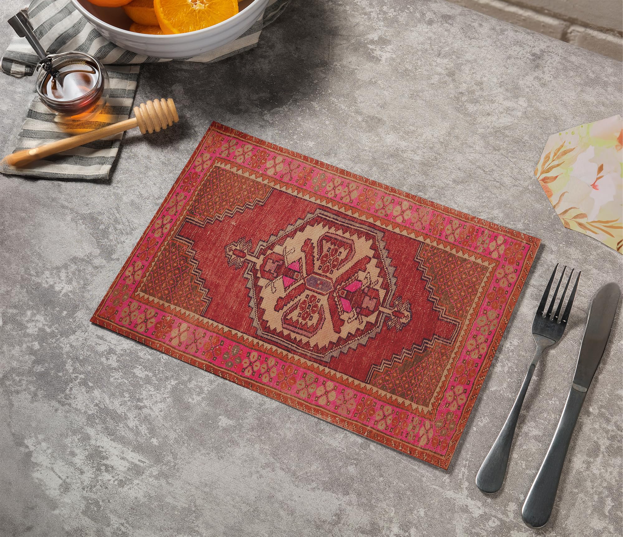 6-Piece Woven Chenille Fabric Placemats Set - Heat Resistant Rectangular & Kilim Design - Perfect for Dining Table Decor, Holiday Gifts, and Home Entertaining