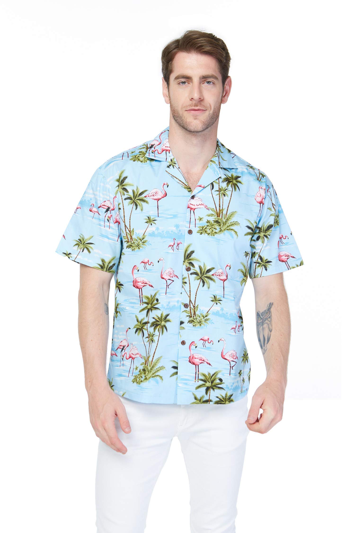 Hawaiian Couple Matching Aloha Shirts - Pink Flamingo Print on Turquoise Fabric for Luau Party, Beach Vacation & Tropical Date Night