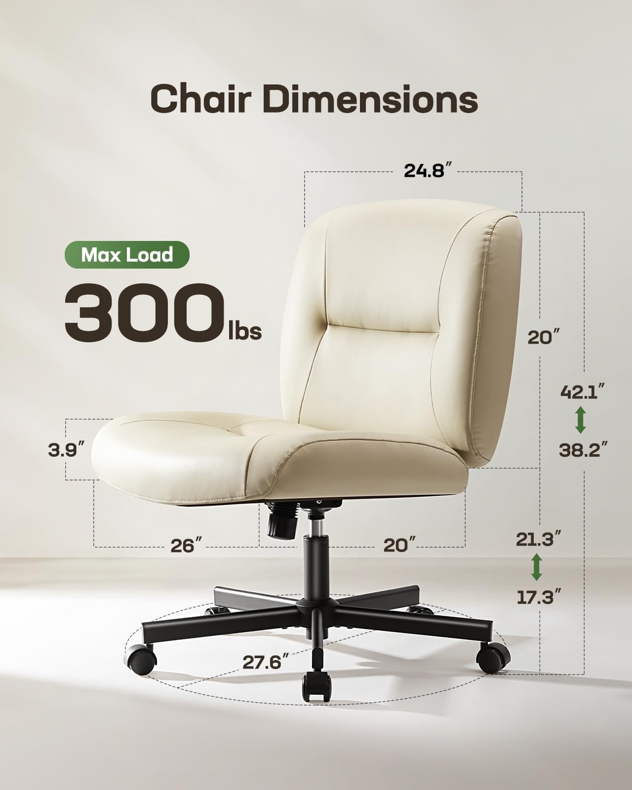 Marsail Criss Cross Chair with Wheels - Wide Mid-Back Armless Office Chair, Scratch-Resistant PVC Leather Cross Legged Desk Chair, Height Adjustable Computer Chair for Home Office - Perfect for Work, Study, and Relaxation