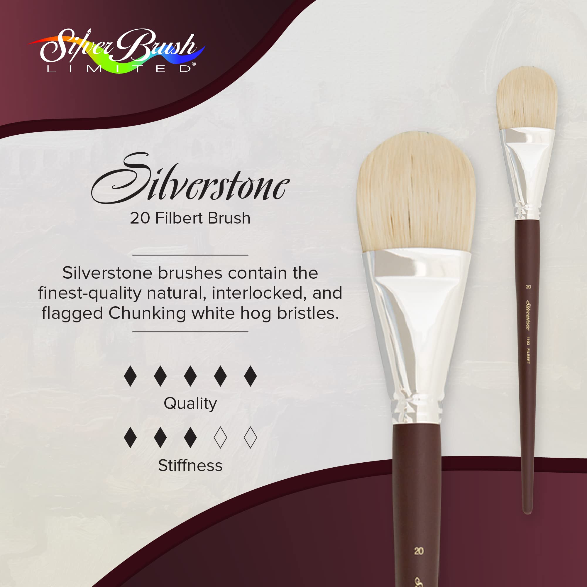 Premium Silver Brush Limited 1103-20 Silverstone Filbert Oil Painting Brush - Size 20 with Long Handle - Perfect for Canvas, Portrait & Fine Art Painting