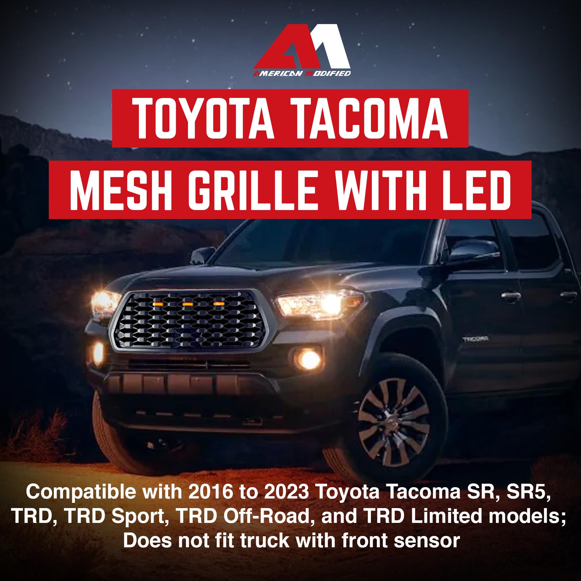 2016-2023 Toyota Tacoma Front Hood Bumper Replacement Grille with LED Lights - American Modified Style (Excludes Trucks with Radar Behind Emblem) | Off-Road Upgrade & Custom Look