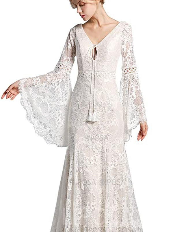 Elegant Long Sleeve V-Neck Lace Wedding Dress - Affordable Bridal Gown WD730 for Church, Beach & Outdoor Ceremonies