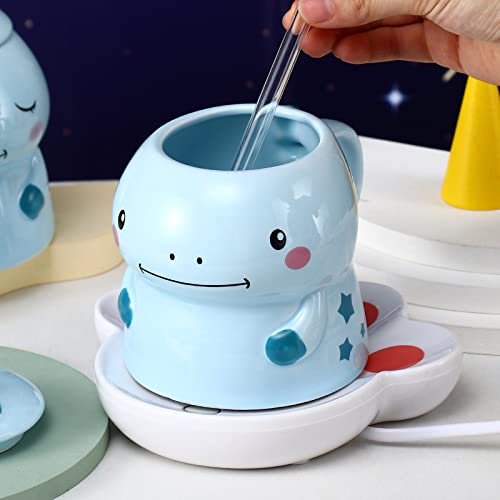 Dinosaur 3D Ceramic Coffee Mug with Spoon - 450ml Kids Milk Cup for Girls & Boys, Dinosaur Blue Smile Design - Perfect for Birthday Party Gifts, Home Use & Daily Coffee/Tea Drinking