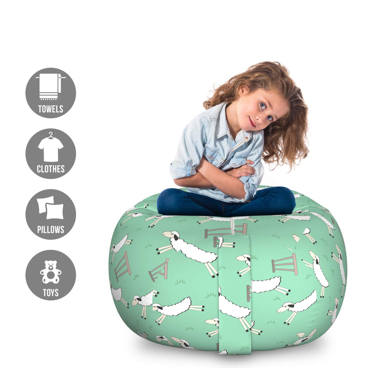 Ambesonne Large Washable Stuffed Animal Storage Bag Chair - Fluffy Sheep Jumping Over Fence Design, Organizer for Kids' Toys, Sea Green Taupe Grey - Perfect for Nursery, Playroom & Bedroom Organization