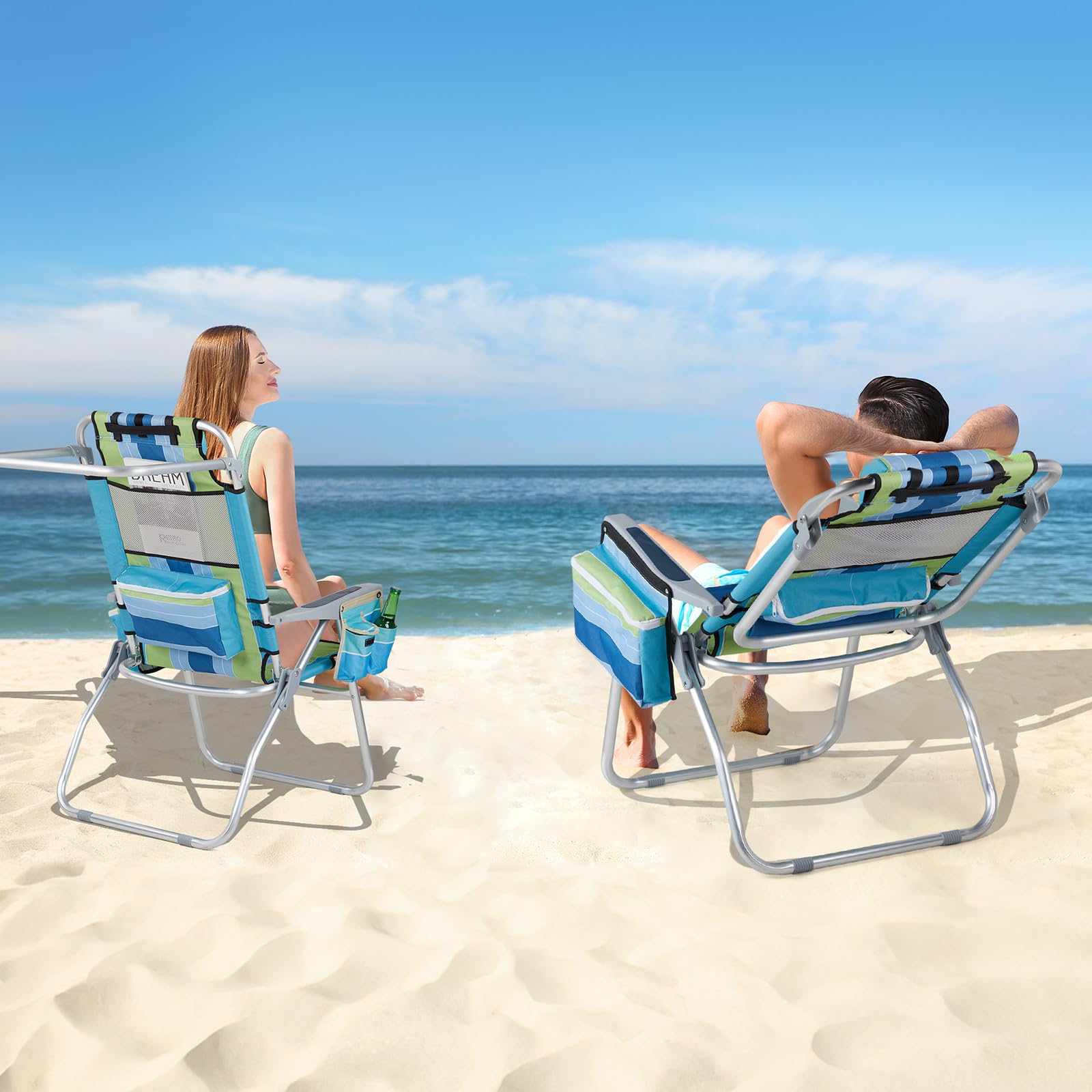 VINGLI 2 Pack Tall Beach Chairs with 5-Position Recline, Cooler Bag, Cup Holders & Towel Bar - Lightweight Folding Camping Chairs for Adults (Blue/Green) - Perfect for Beach, Poolside, Backyard, Camping & Outdoor Relaxation