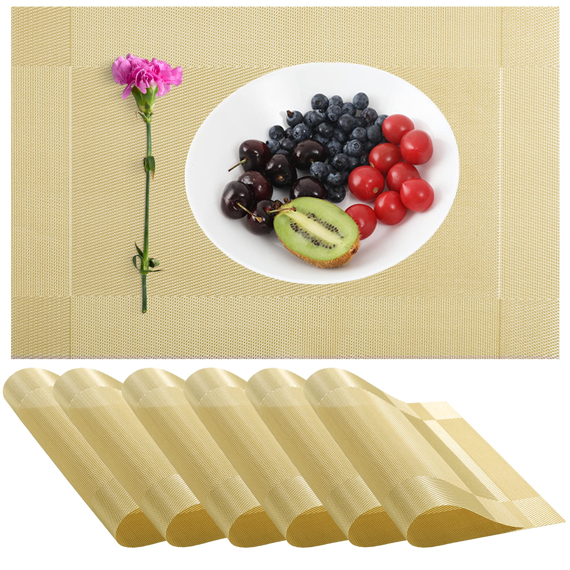 Jeloris Set of 6 Non-Slip PVC Heat Resistant Woven Placemats - Gold Table Mats for Dining, Kitchen & Party - Easy to Clean & Washable Placemat Set for Everyday Use