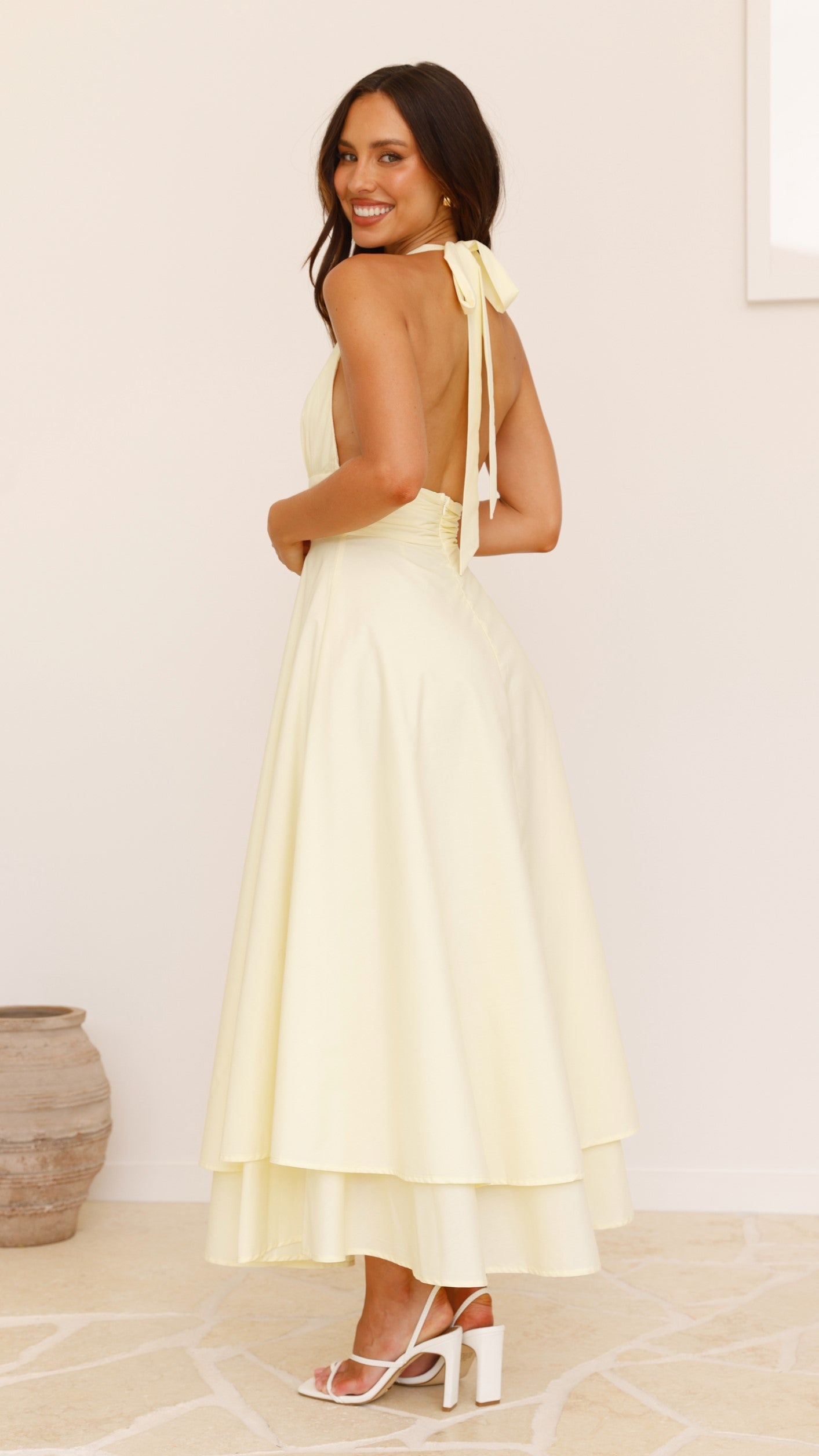 Elegant Kathy Halter Neck Maxi Dress in Lemon Yellow - Perfect for Summer Beach Vacations, Weddings & Date Nights