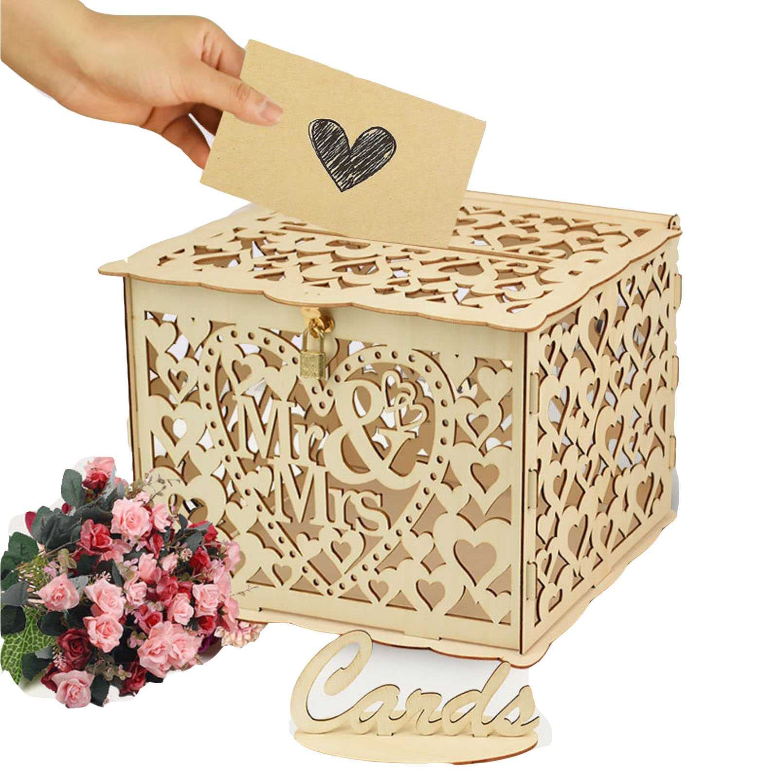 TTdamai Wooden Hollow Card Box - DIY Envelope Gift Money Box with Lock & Sign, Elegant Wedding Card Holder for Reception, Parties & Special Events | Perfect for Wedding Decor, Bridal Shower & Anniversary Gifts