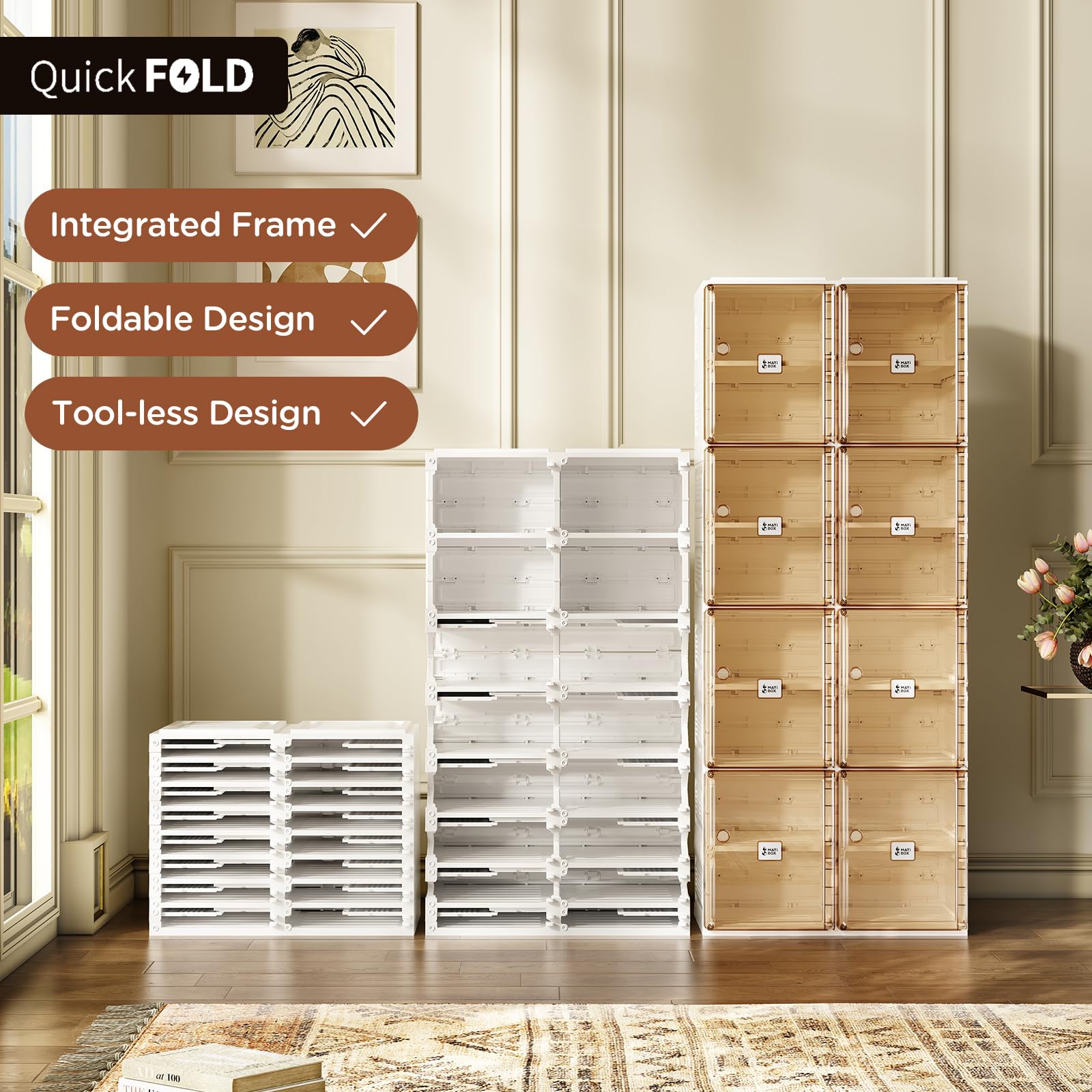 Portable Folding Shoe Organizer with Magnetic Clear Door - 8-Tier 16-Grid Storage Box for Sneakers & Shoes | Sturdy Easy-Assembly Closet Cabinet for Bedroom, Entryway & Dorm Organization