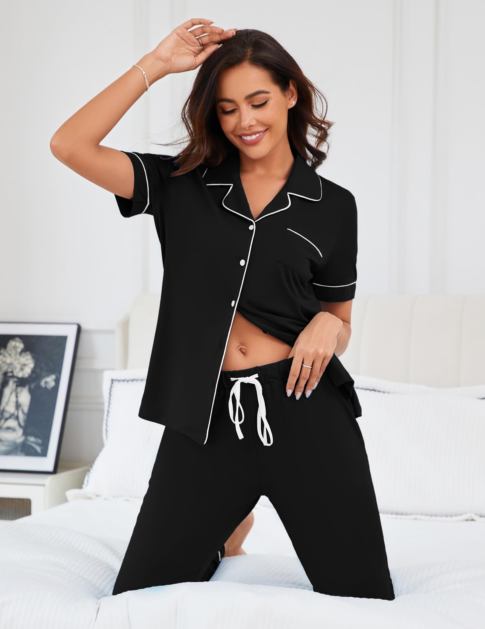Women's Soft Pajama Sets - Button Down Sleepwear with Short Sleeve Top & Pants - 2 Piece Comfortable Nightwear for Lounge, Sleep & Relaxation at Home