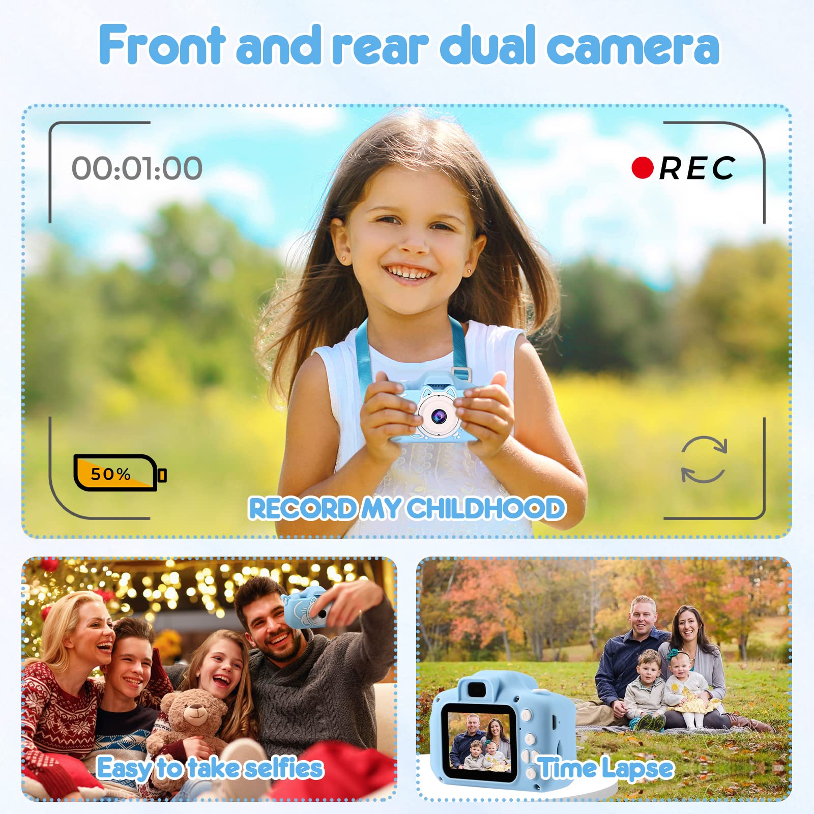 Kids Digital Camera with Dual Lens & 32GB Card - Selfie Camera Toy for Boys & Girls Ages 4-12 | Christmas Birthday Gift | MP3 Player | Fun Learning Camera for Toddlers (Blue) - Perfect for Travel, Parties & Creative Play