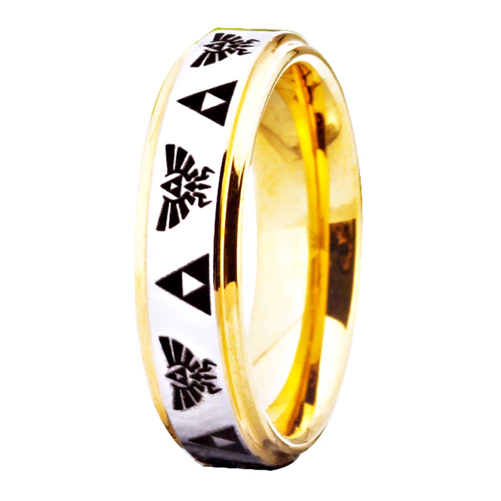 Custom Engraved The Legend of Zelda Ring - Gold Tone Tungsten Carbide Wedding Band with Crest & Triforce Design | Perfect for Gamer Gifts, Cosplay & Fantasy Weddings
