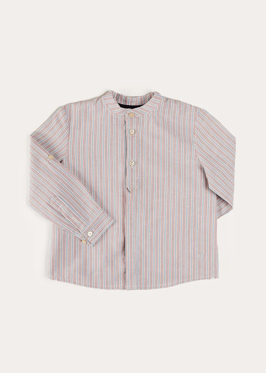 Beaufort Striped Mandarin Collar Long Sleeve Shirt for Boys & Girls - Blue Cotton Casual Wear (18 Months to 10 Years) | Perfect for School, Parties & Family Outings