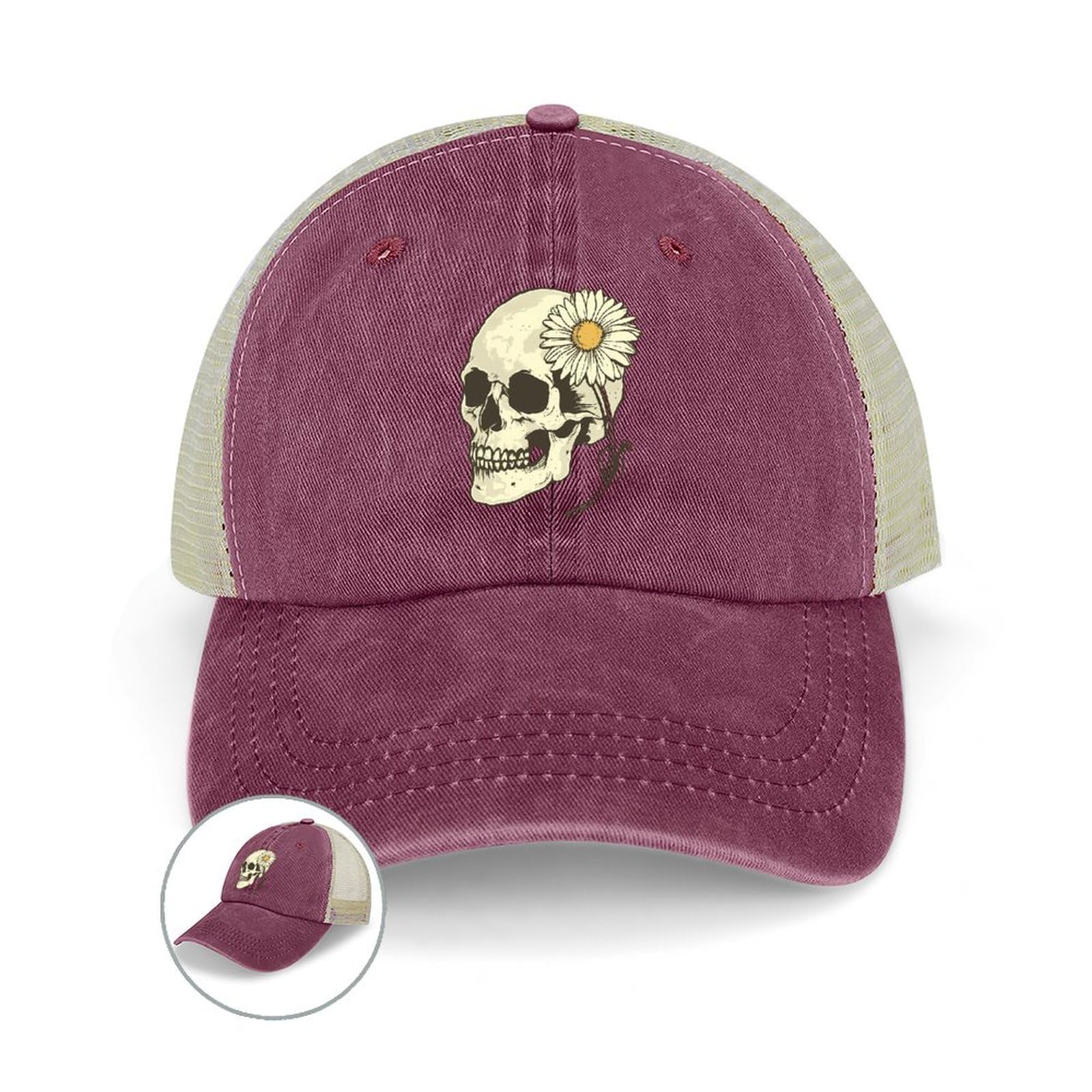 Funny Skull with Daisy Flower Denim Baseball Cap - Adjustable Sport Mesh Hat for Sun Protection - Perfect for Outdoor Activities, Sports, and Casual Wear