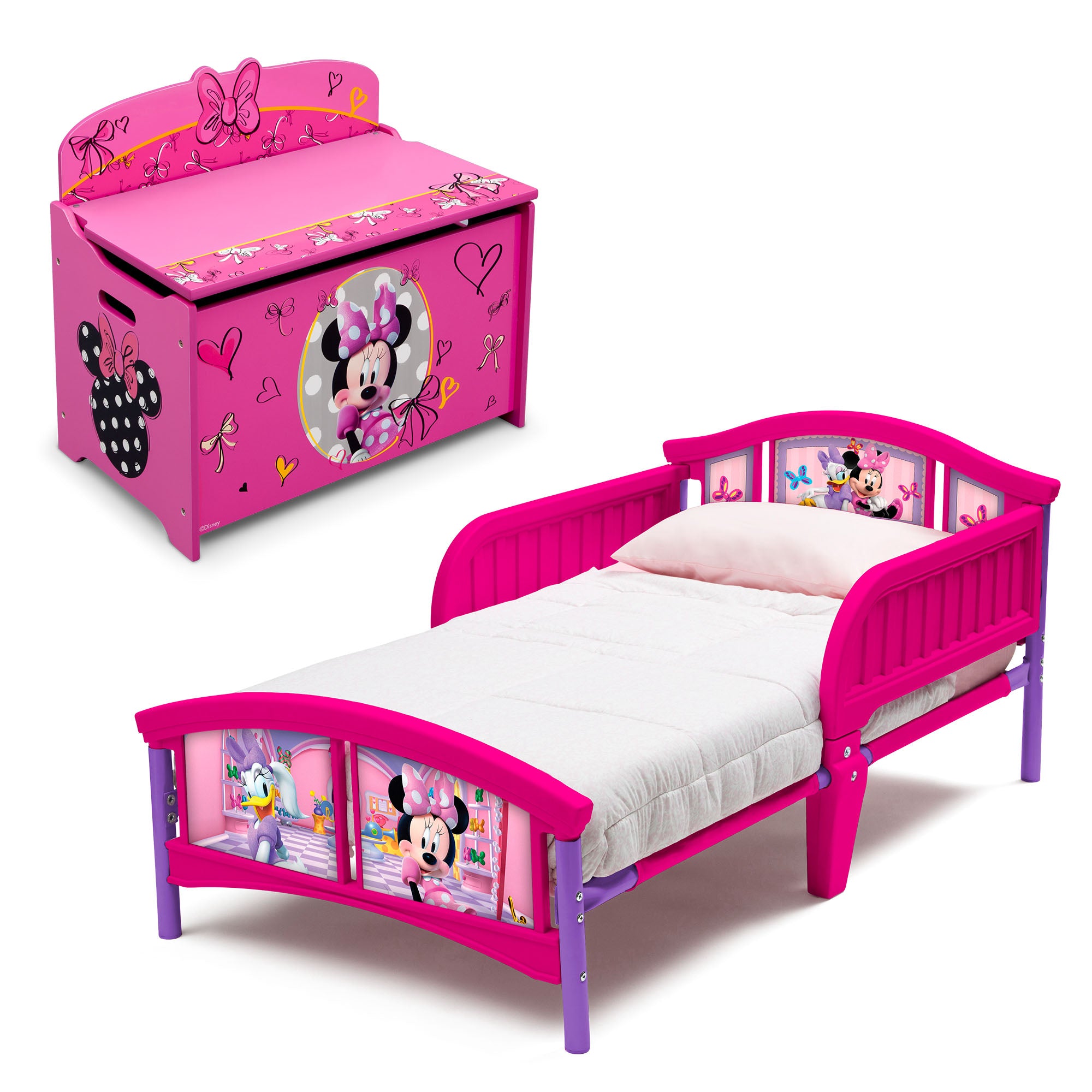 Disney Minnie Mouse 2-Piece Toddler Bedroom Set - Toddler Bed & Deluxe Toy Box | Cute Nursery Decor for Girls' Room, Perfect for Toddler Bedroom & Playroom
