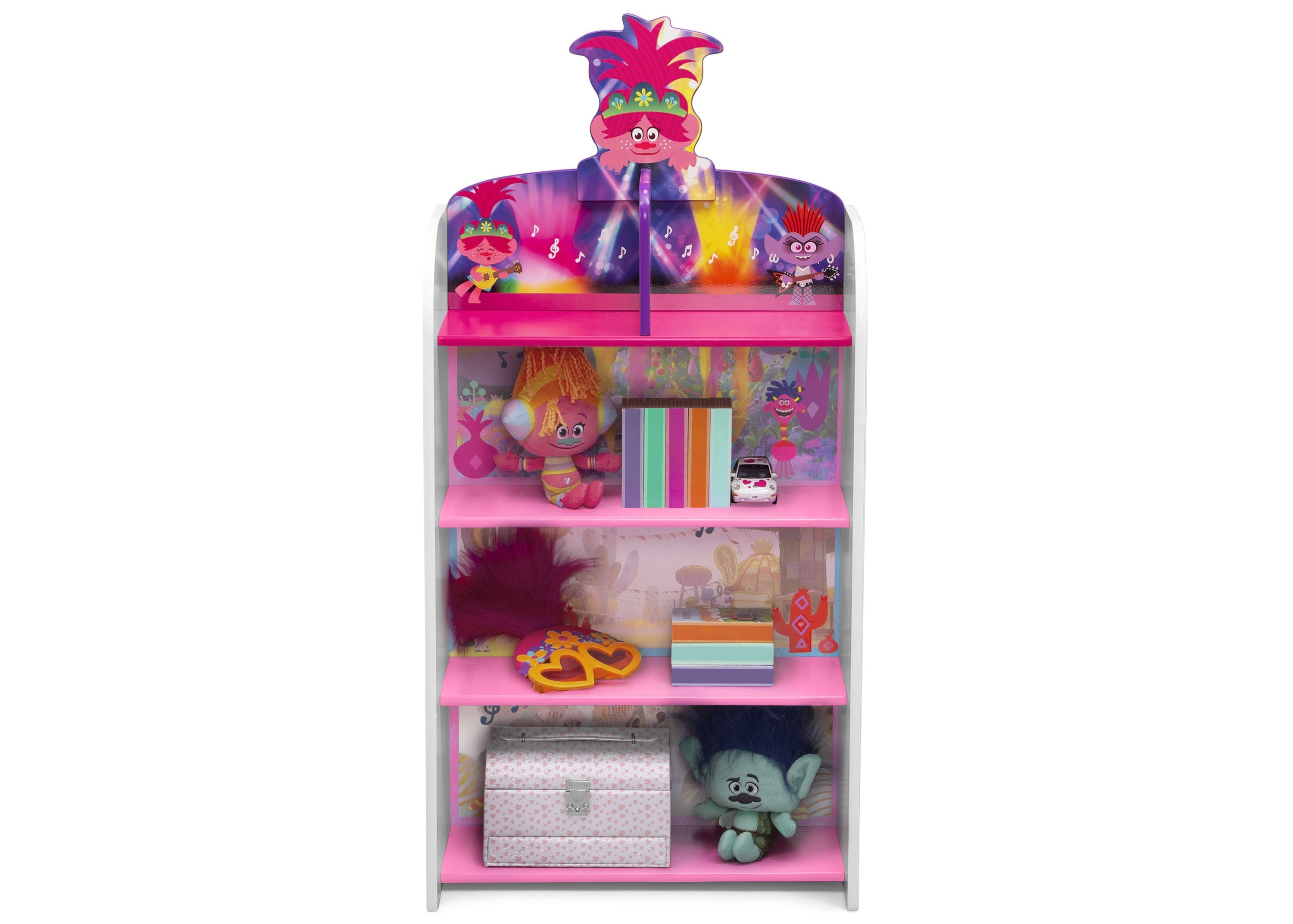 Trolls World Tour Wooden Playhouse 4-Shelf Bookcase - Kids Bookshelf for Bedroom, Nursery & Playroom Organization
