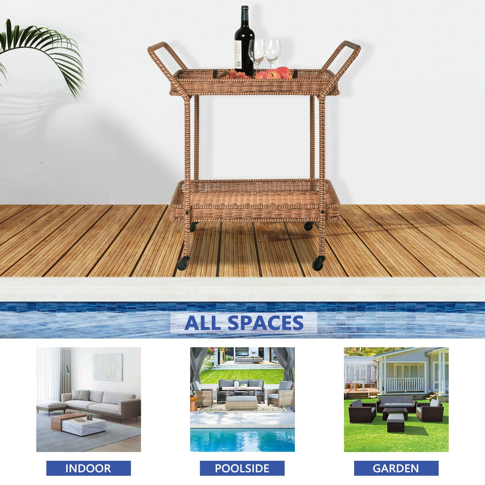 Premium Jeco Outdoor Resin Wicker Serving Cart - Portable Bar Cart with Wheels for Patio, Garden, Poolside & Outdoor Entertaining