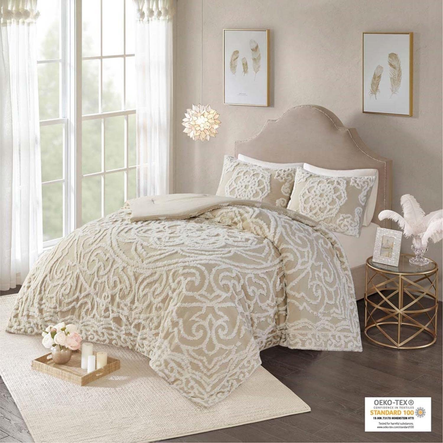 Madison Park Laetitia Bohemian Tufted Cotton Chenille Comforter Set - Shabby Chic Medallion Design, All-Season Down Alternative Bedding with Matching Shams, Floral Taupe King/Cal King (104