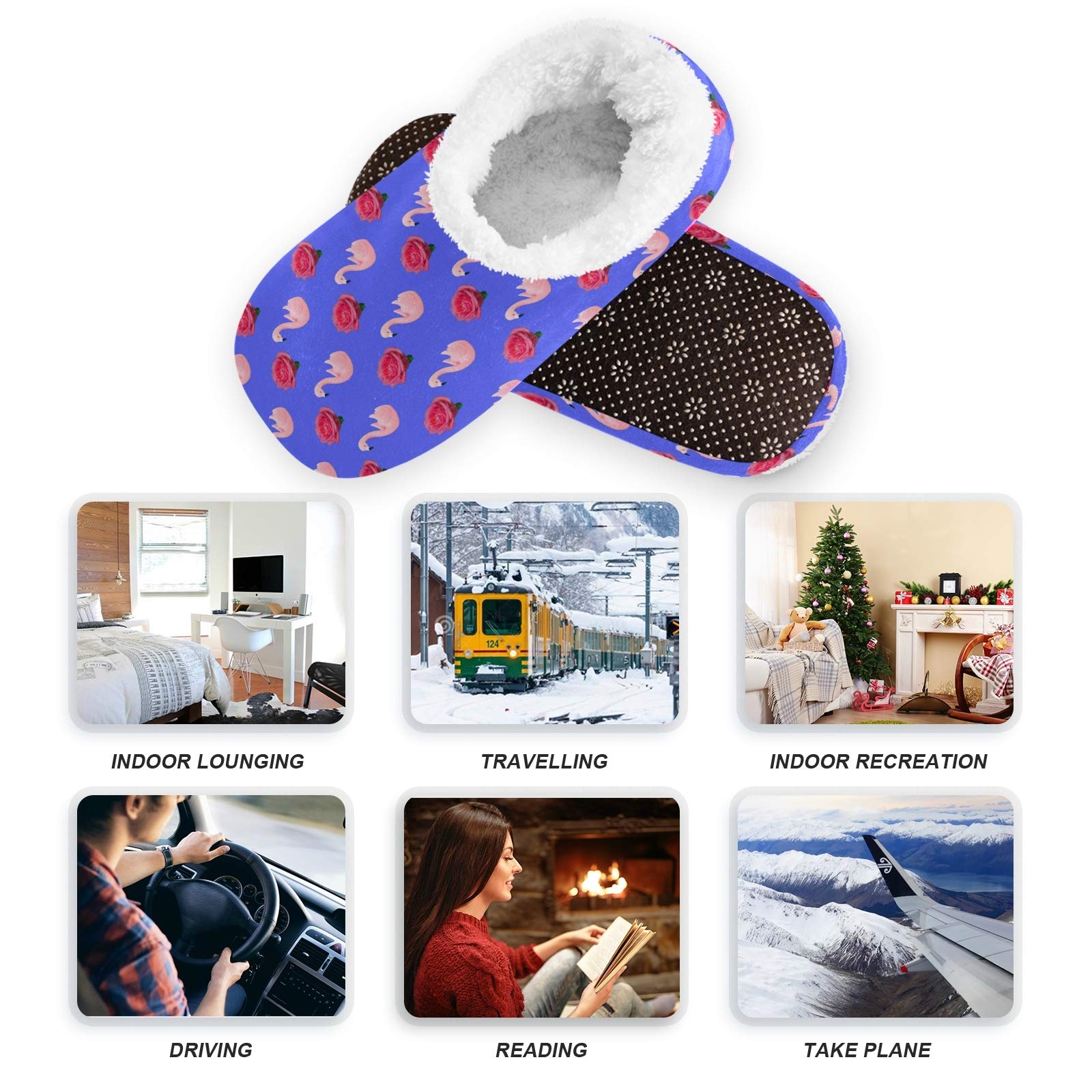 Women's & Men's Cozy Fleece House Slippers with Pink Flamingo & Rose Design - Warm Winter Indoor/Outdoor Slippers for Home, Office & Travel