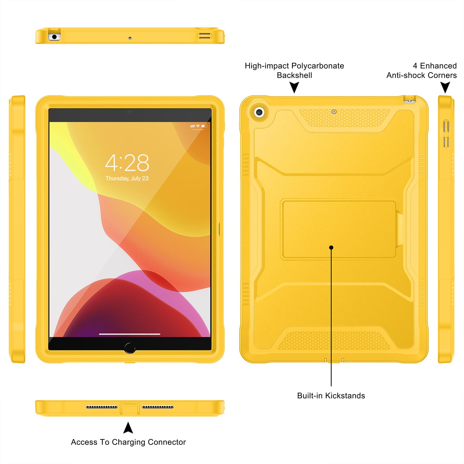 Soke Rugged Protective Case for iPad 9th/8th/7th Generation 10.2-Inch (2021/2020/2019) - Shockproof Cover with Built-in Screen Protector & Adjustable Kickstand - Perfect for Work, School & Travel - Yellow