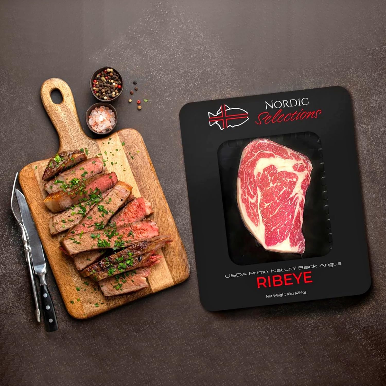 Premium USDA Prime Grass-Fed Black Angus Steak Bundle - 4 Steaks (16oz Ribeye, 14oz NY Strip, 2x8oz Filet Mignon) with Garlic Pepper Sea Salt - Perfect for Grilling, BBQ & Special Occasions