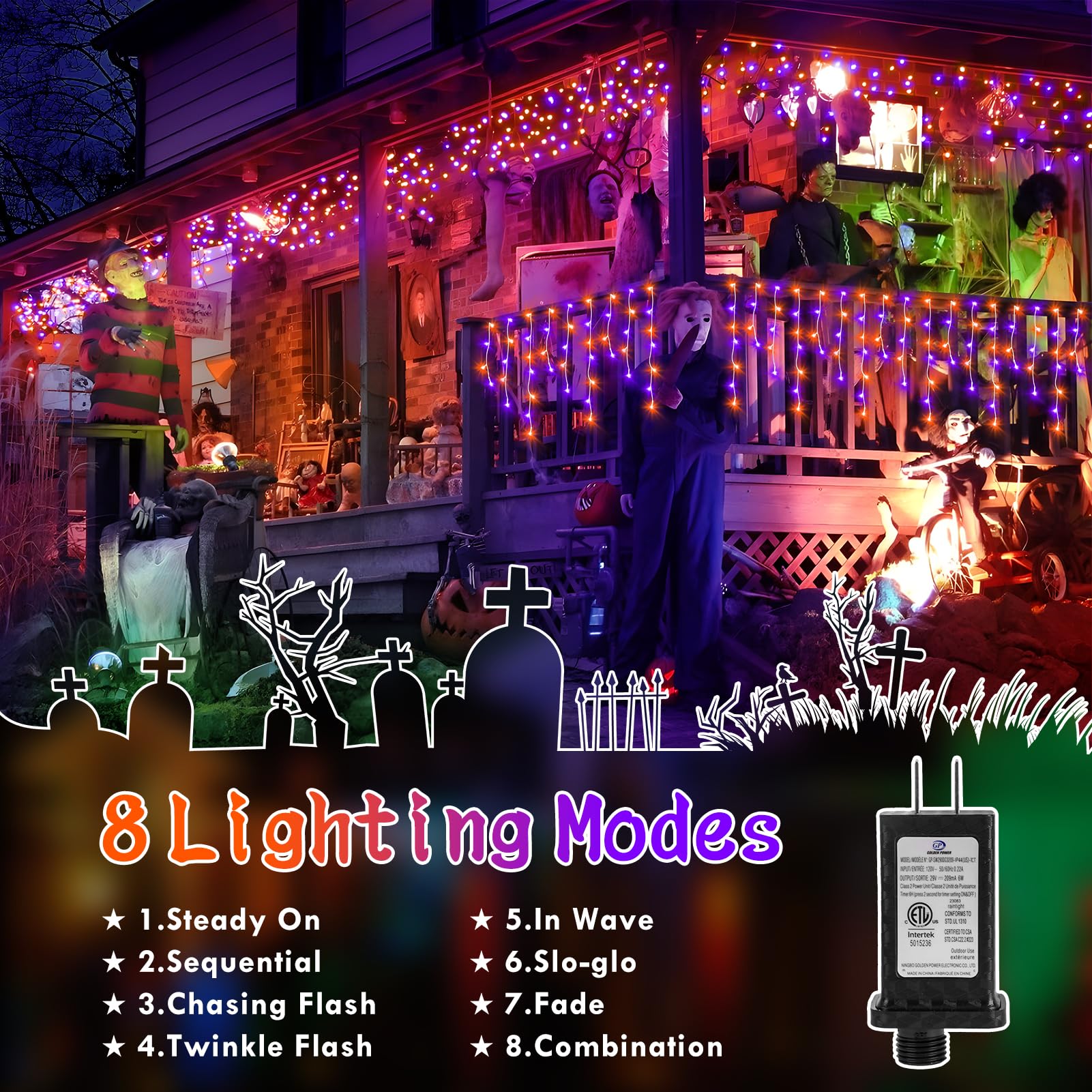 KNONEW 33FT 400 LED Orange Purple Halloween String Lights - 75 Drops, 8 Lighting Modes, Timer Memory, Connectable - Outdoor Hanging Curtain Lights for Halloween Party, Christmas, Garden, and Home Decor