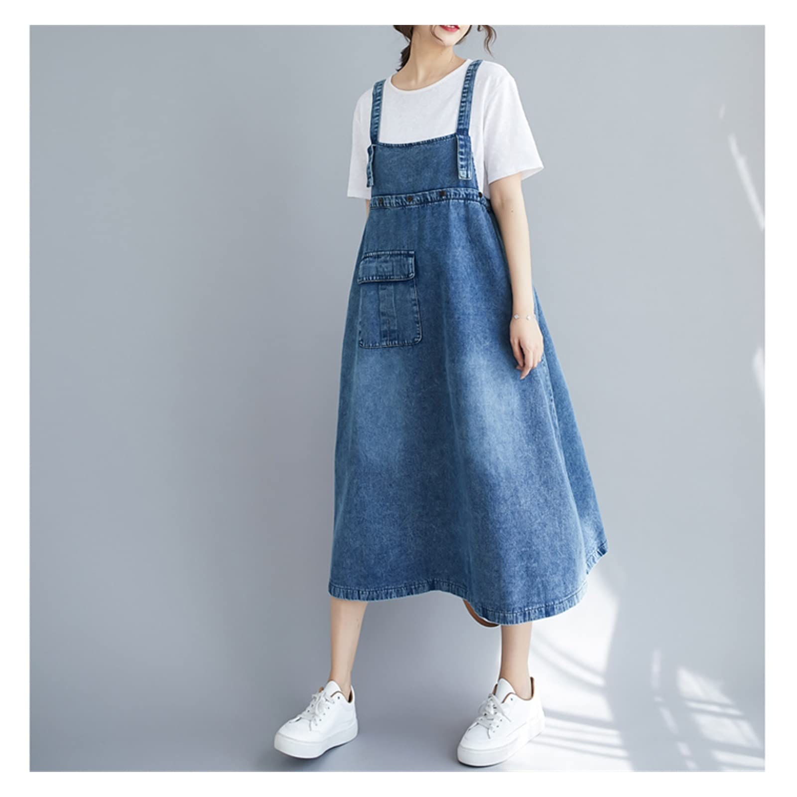 Vintage Denim A-Line Dress for Women - Sleeveless Summer Straps Dress with Pockets | Loose Fit One Size | Perfect for Beach Outings, Casual Wear & Summer Vacations