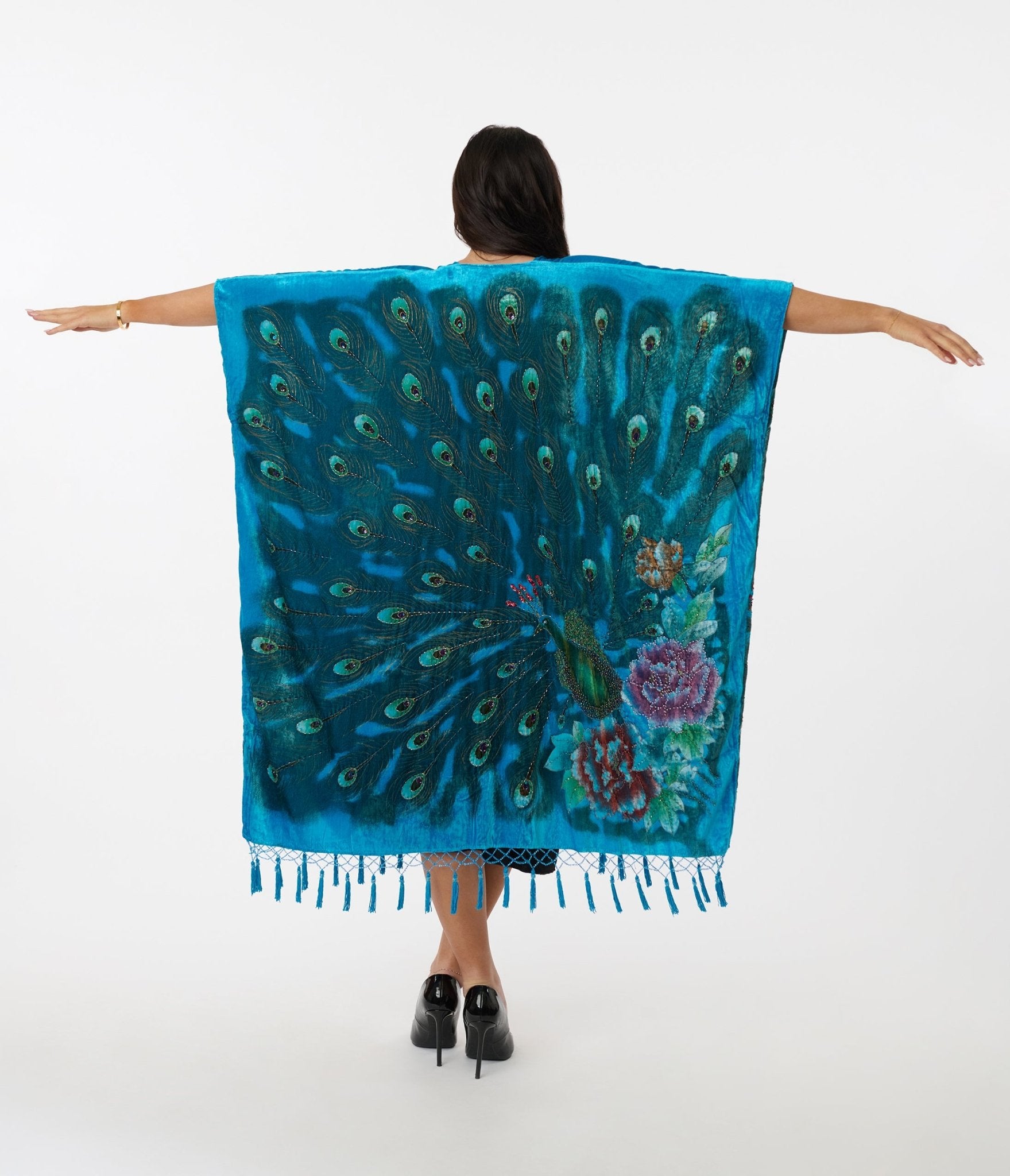 1920s Vintage Turquoise Velvet Beaded Peacock Fringe Scarf Coat - Perfect for Gatsby Parties, Flapper Costumes & Vintage Fashion Shows