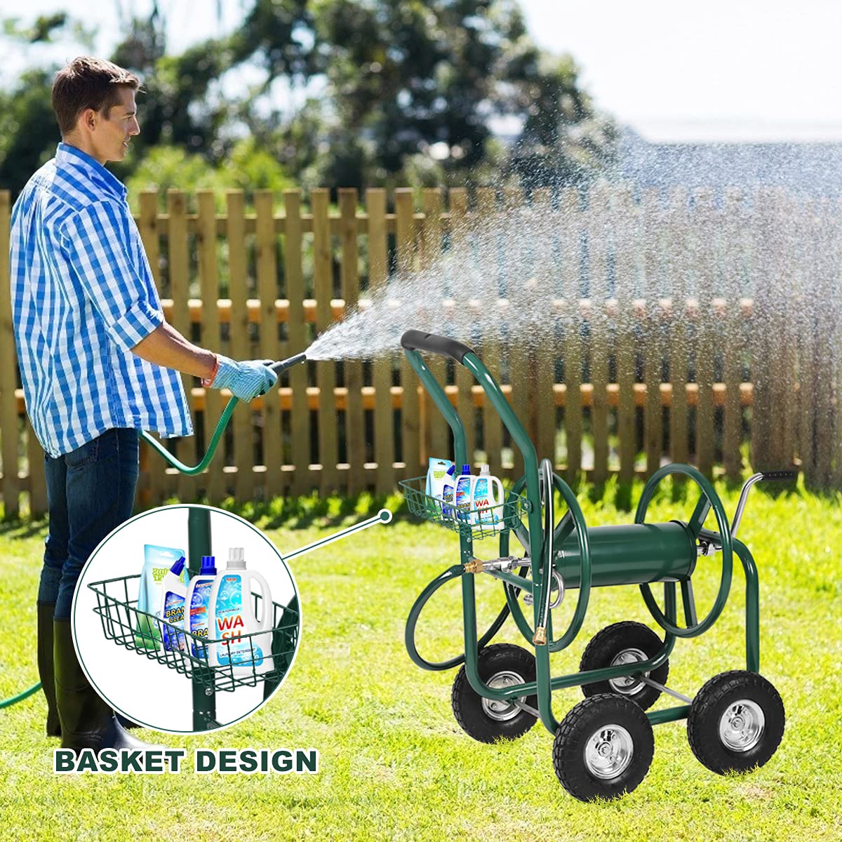 Heavy Duty Portable Hose Reel Cart with 4 Wheels - 300ft Capacity for 5/8-Inch Garden Hose | Outdoor Yard, Lawn & Garden Watering Solution with Storage Basket | Perfect for Residential Landscaping, Farm Irrigation & Commercial Use