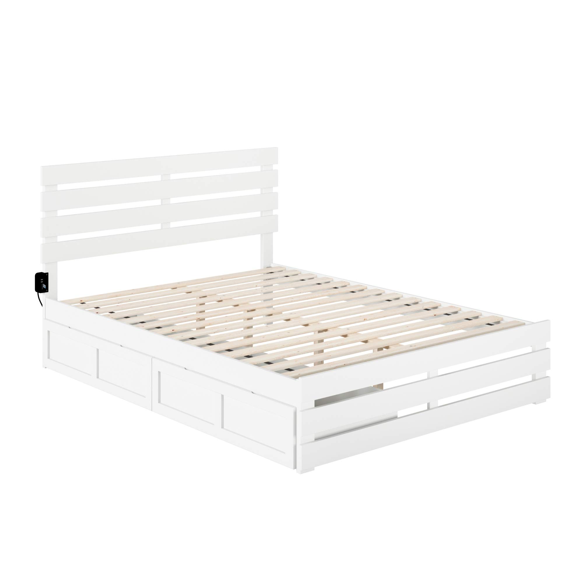 AFI Oxford Queen Size Bed Frame with Footboard, USB Turbo Charger & 2 Extra-Long Storage Drawers - White Wooden Platform Bed for Modern Bedroom & Guest Room