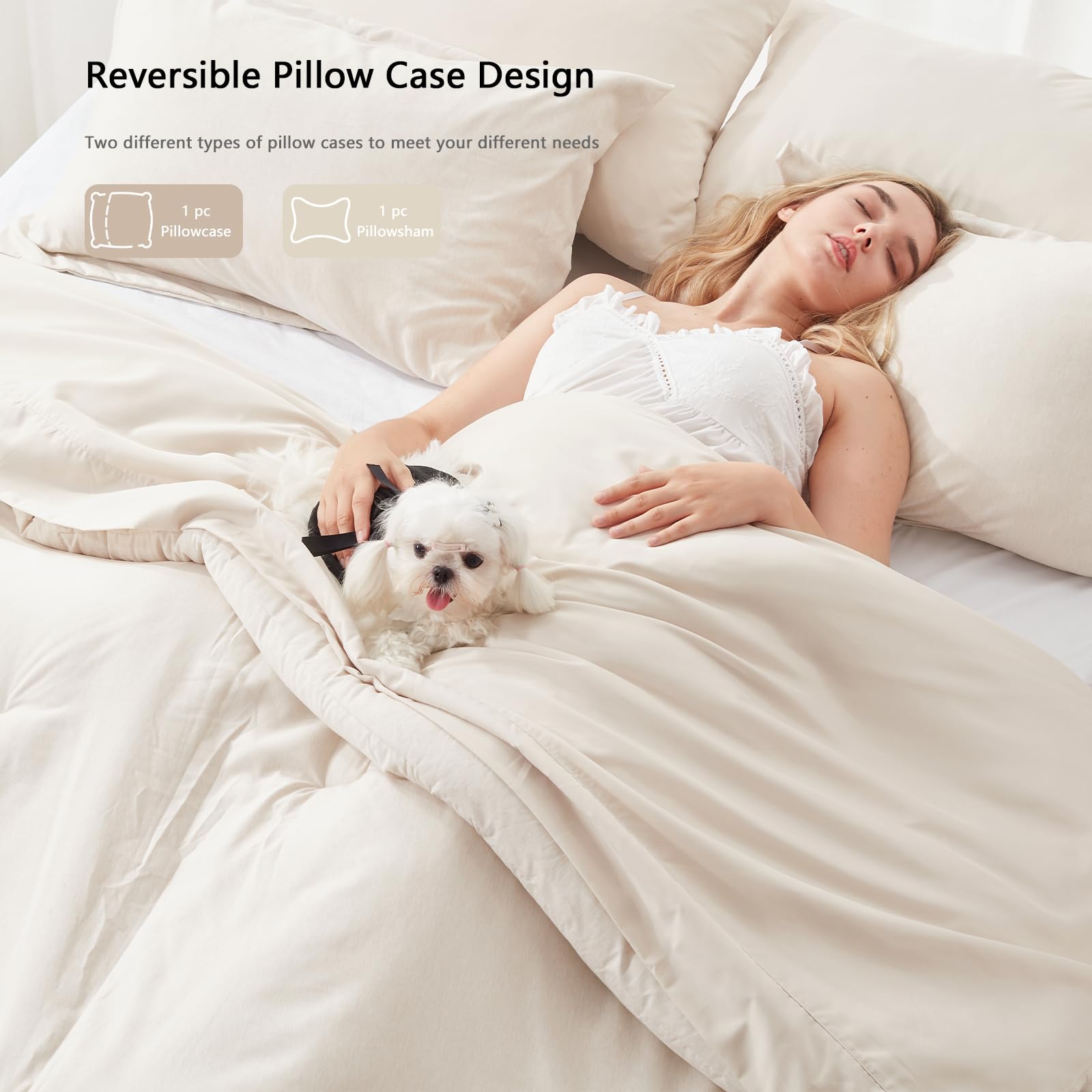 UNILIBRA 7-Piece Queen Comforter Set - All Seasons Soft Beige Bedding | Cationic Dyeing Comforter, Flat Sheet, Fitted Sheet, Pillowcases & Shams | Perfect for Master Bedroom, Guest Room & Vacation Homes