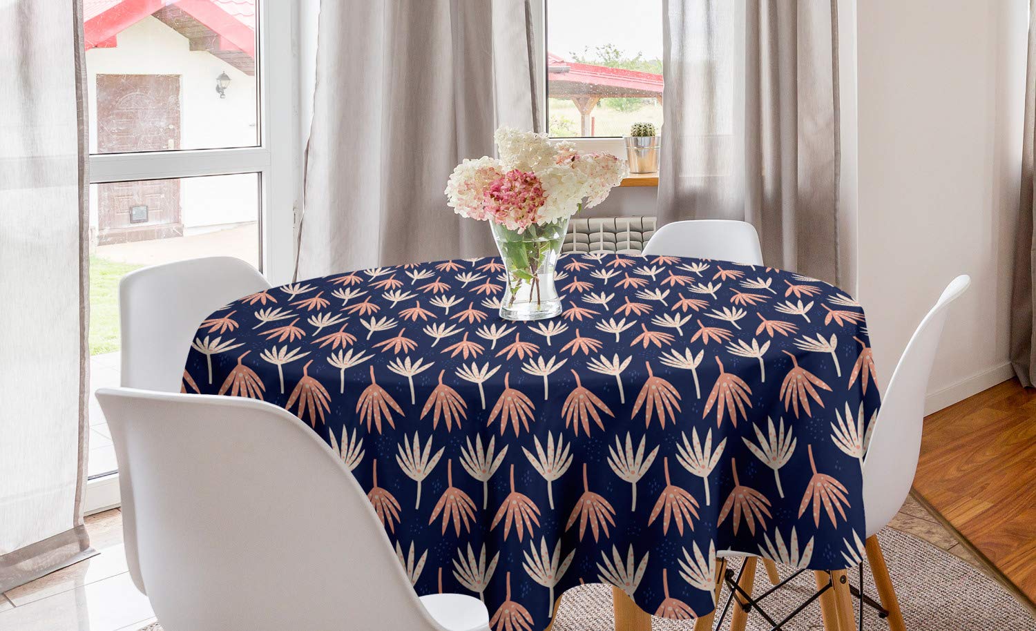 Ambesonne Navy Blue Round Tablecloth with Abstract Floral Dot Pattern - 60 Inch Circle Table Cover for Dining Room & Kitchen Decor - Perfect for Parties, Weddings, and Botanical Garden Themed Events