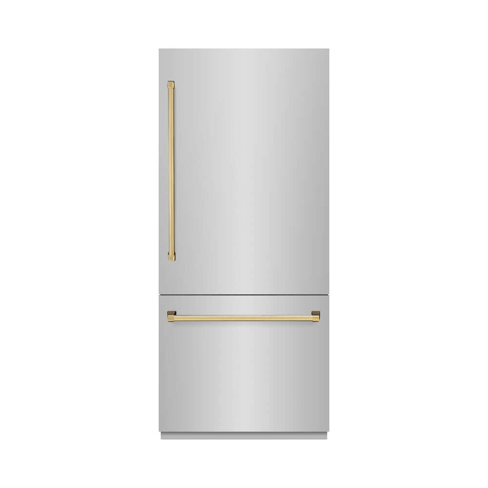 ZLINE Autograph Edition 36 Inch Built-In Bottom Freezer Refrigerator - 19.8 cu.ft Stainless Steel with Graphite Gray Interior, Water Dispenser & Ice Maker, Polished Gold Accents (GRBITZ 304 36G) - Perfect for Modern Kitchens, Luxury Homes & Gourmet Cooking Spaces