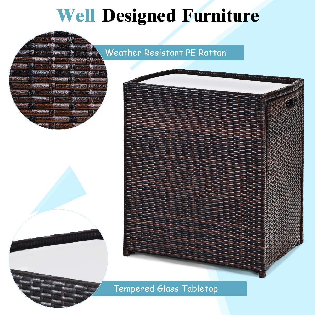 Tangkula 3-Piece Brown Outdoor Rattan Dining Set - Patio Bistro Table with Tempered Glass & Cushioned Wicker Chairs - No Assembly Required - Space Saving Furniture for Courtyard, Balcony, Garden, Backyard & Small Outdoor Spaces