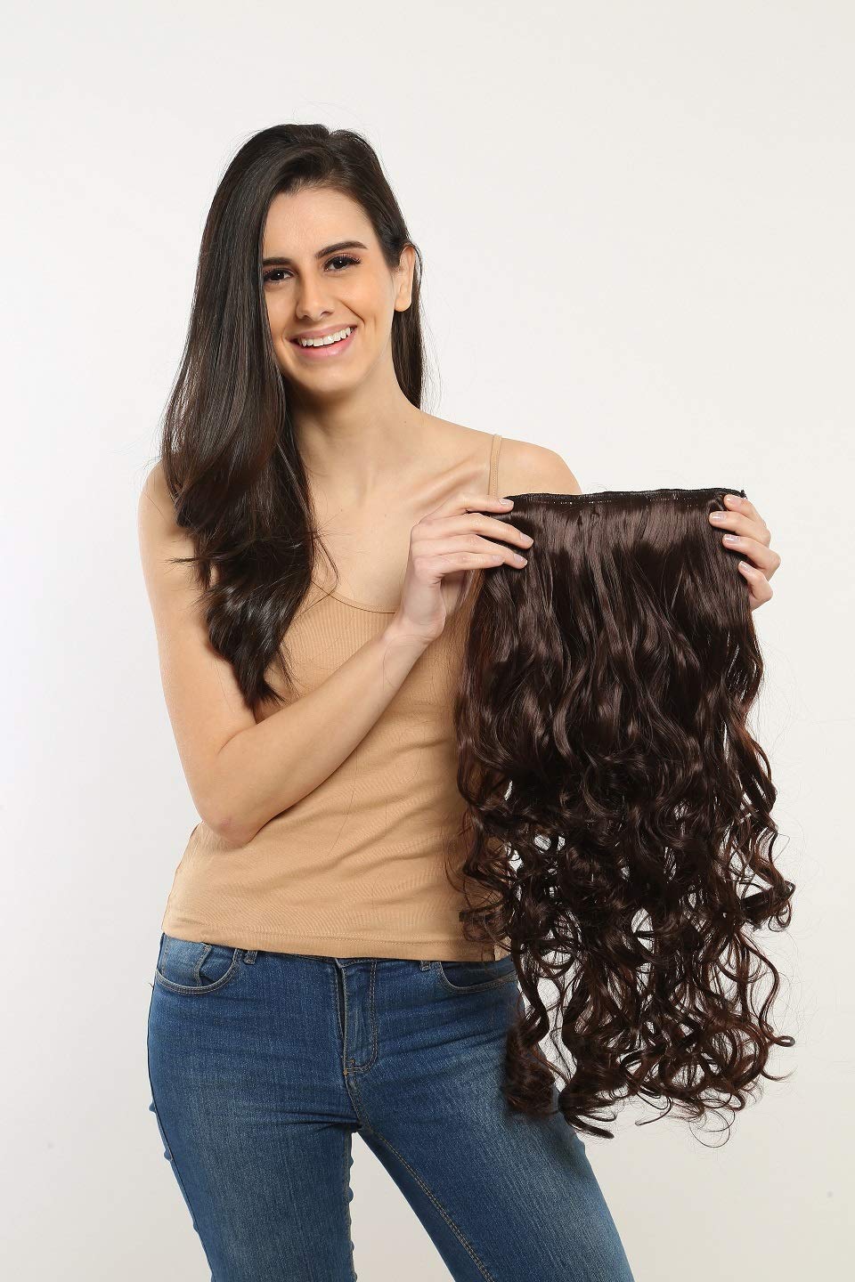 ZALYA™ 24 Inch 5-Piece Clip-in Human Hair Extensions for Women - Wavy/Curly Brown Hair for Instant Length & Volume - Perfect for Parties, Weddings & Daily Styling