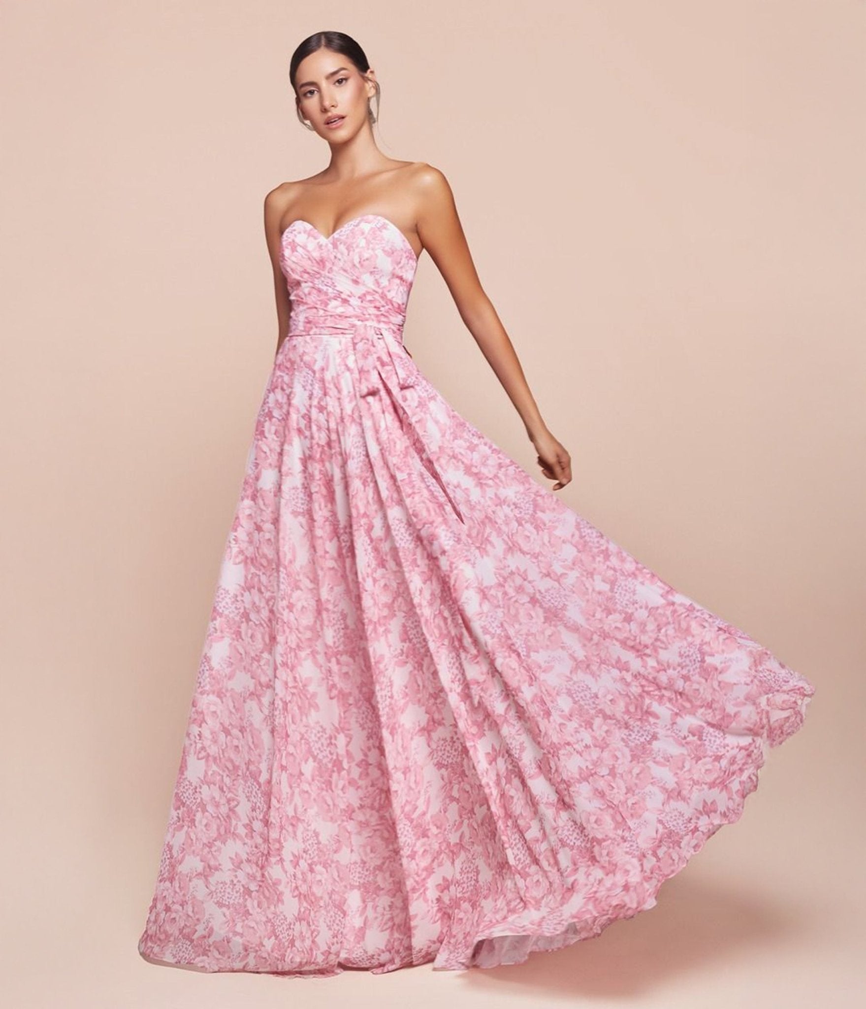 Ladivine by Cinderella Divine Rose Strapless A-Line Floral Chiffon Dress for Women - Elegant Wedding Guest, Prom, Cocktail Party & Special Occasion Outfit