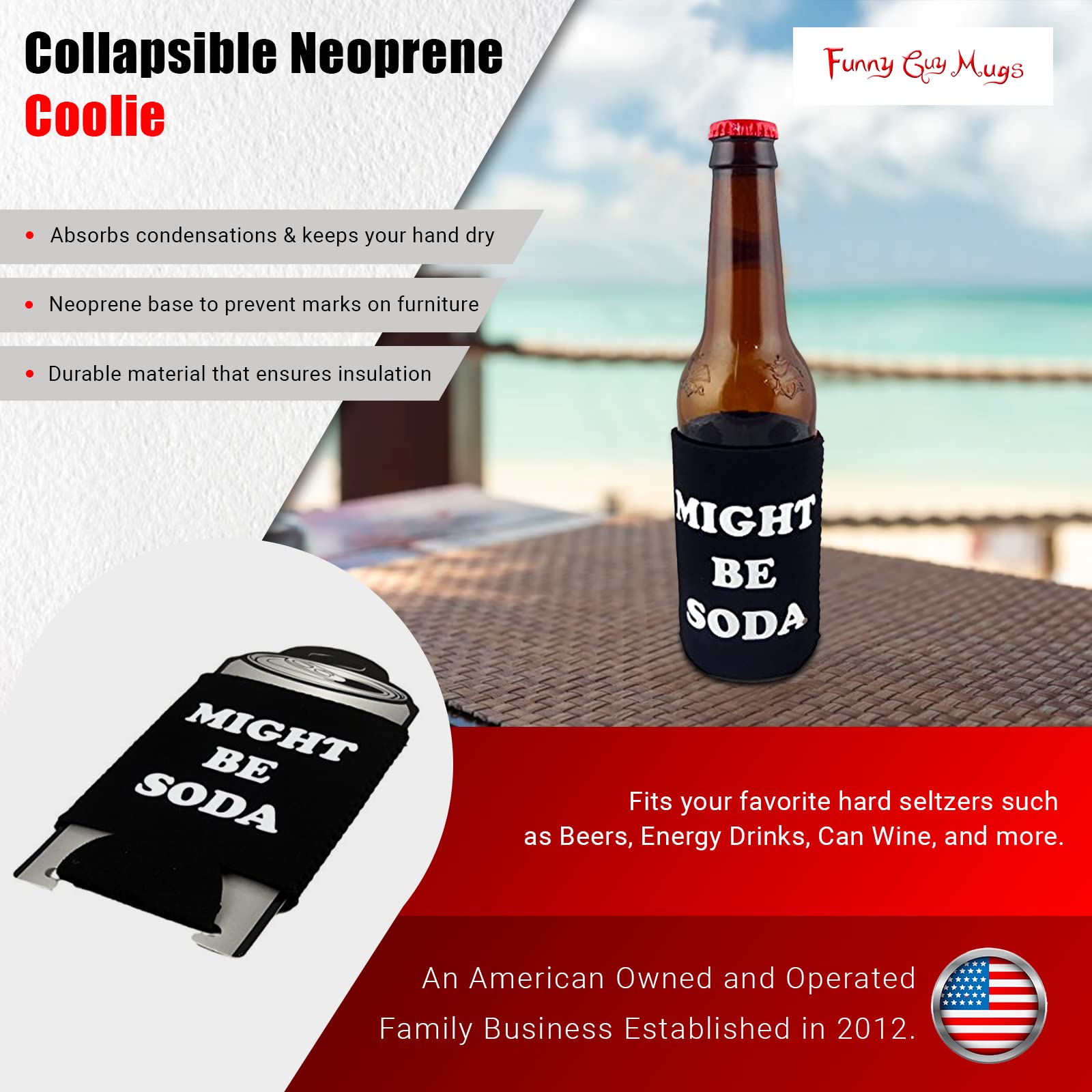 Funny Guy Mugs Collapsible Neoprene Can Cooler - Insulated Soda Beer Drink Holder for Camping, Beach & Outdoor Parties | Keeps Beverages Cold