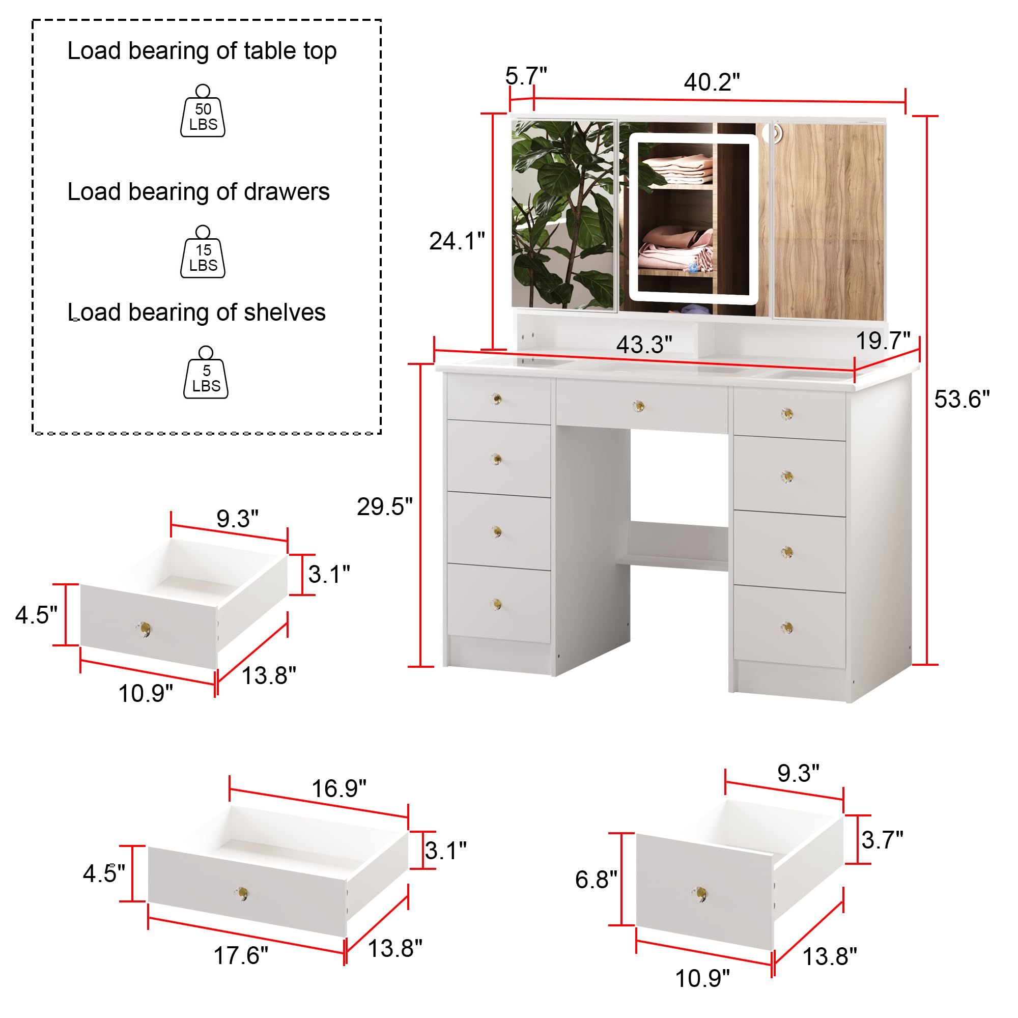Homsee Modern Vanity Desk with 3 Mirrors & LED Lights - Adjustable Brightness, Glass Top, Hidden Storage & Drawers - White Makeup Dressing Table for Bedroom, Salon, or Beauty Studio