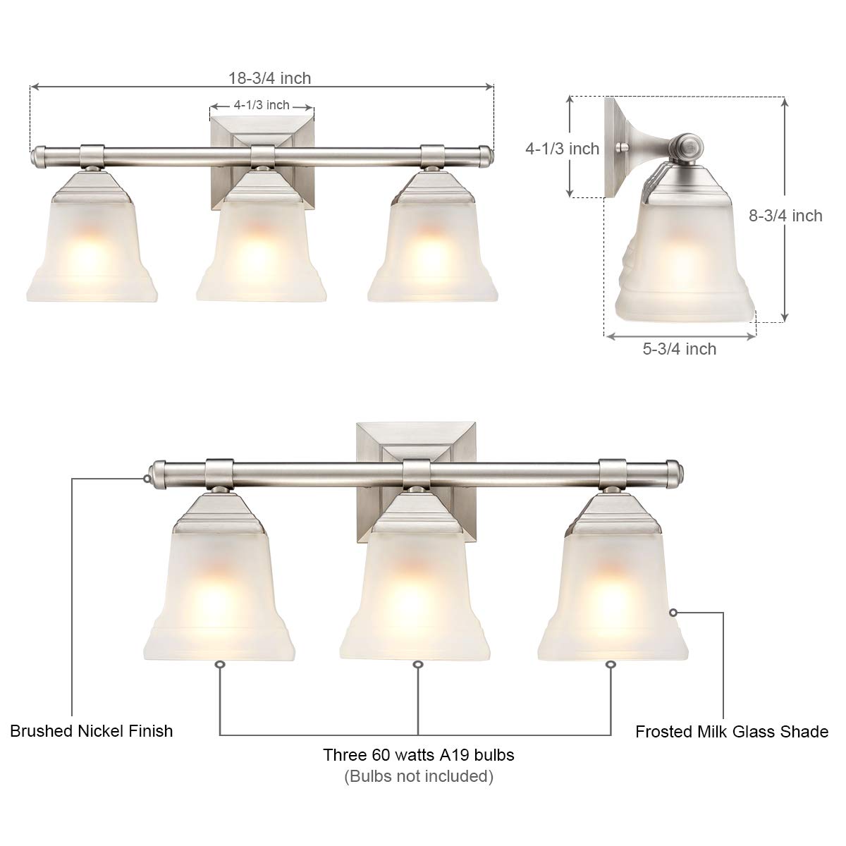 3-Light Brushed Nickel Bathroom Vanity Light Fixture with Frosted Milk Glass Shades - Modern Bathroom Lighting for Vanity Mirror, Powder Room & Master Bath Decor