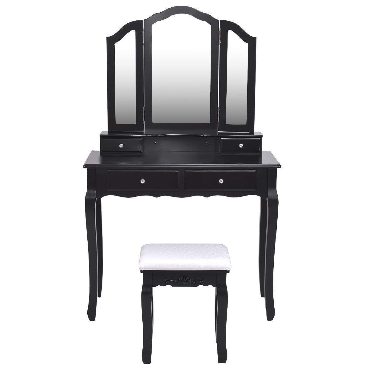 Casart Black Tri-Folding Mirror Bathroom Vanity Makeup Table with Stool Set - 4 Drawers Storage, Space Saving Dressing Table for Bedroom, Bathroom & Home Decor (Perfect for Makeup, Skincare & Jewelry Organization)
