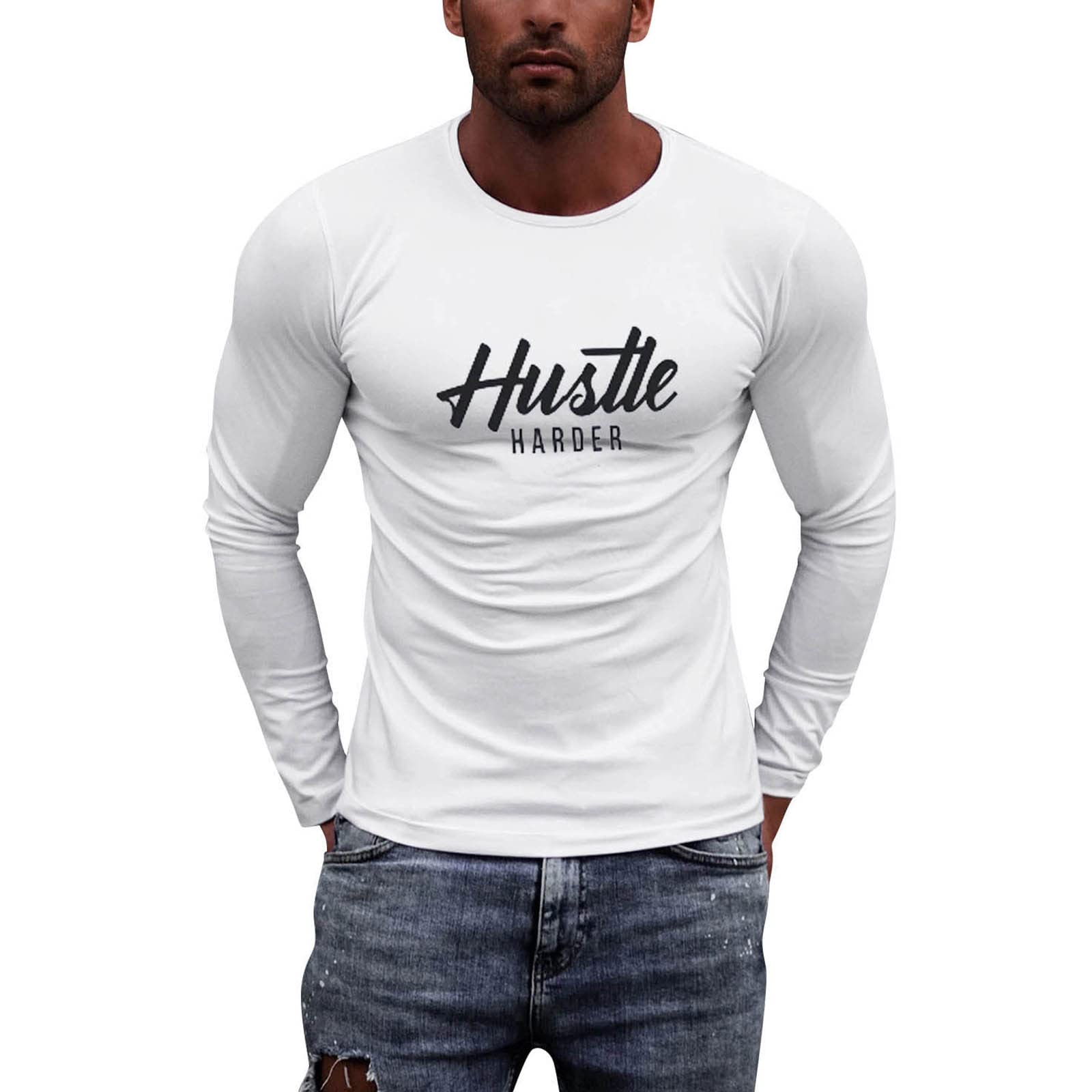ZDDO Men's Slim Fit Long Sleeve White T-Shirt - Crew Neck Letter Print Streetwear Top for Athletic Workout & Muscle Training | Gym, Casual Wear & Street Style Fashion