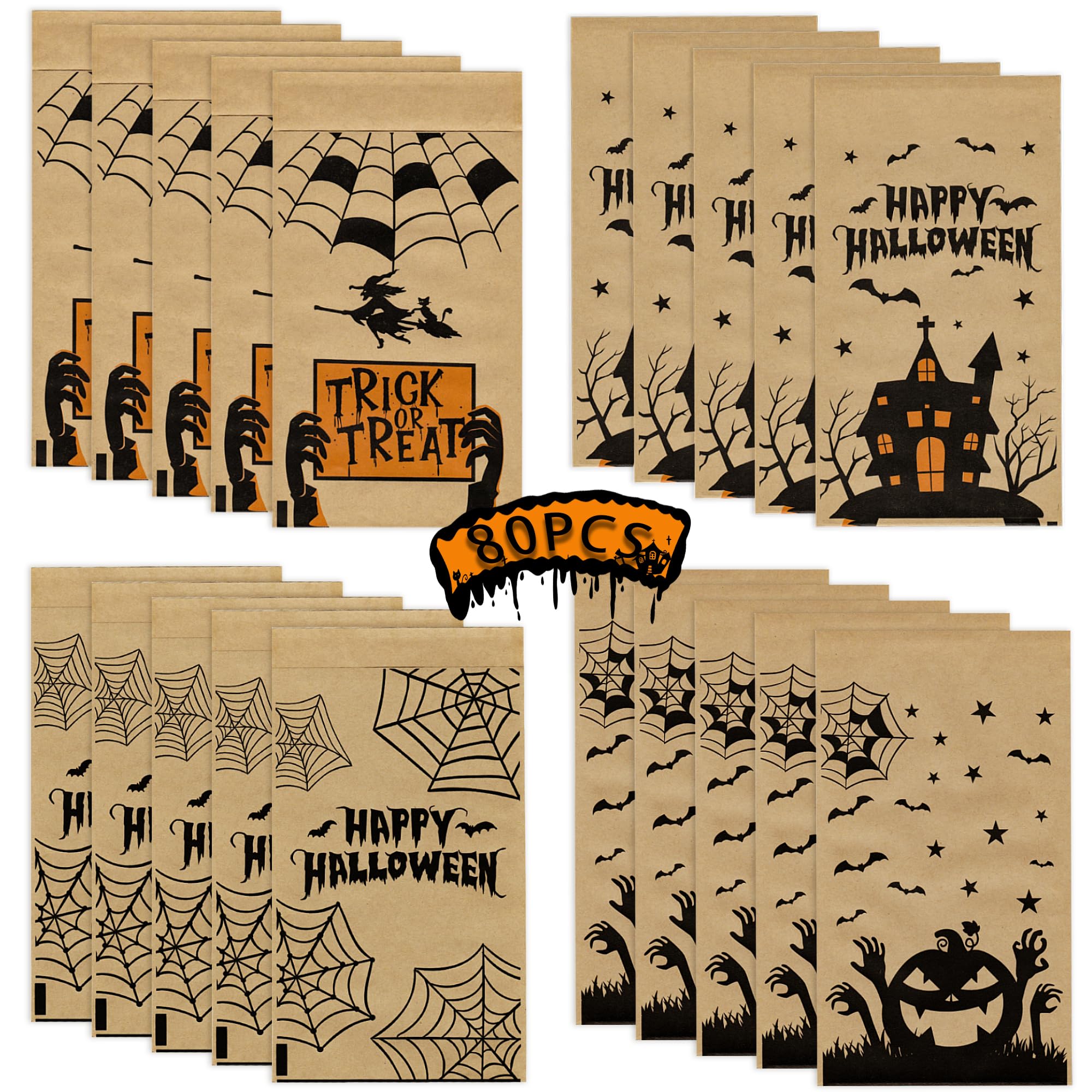 80PCS Halloween Treat Bags for Trick or Treating - Durable Candy Bags for Halloween Parties, School Events & Classroom Treats - Perfect for Kids Costume Parties & Neighborhood Trick or Treating