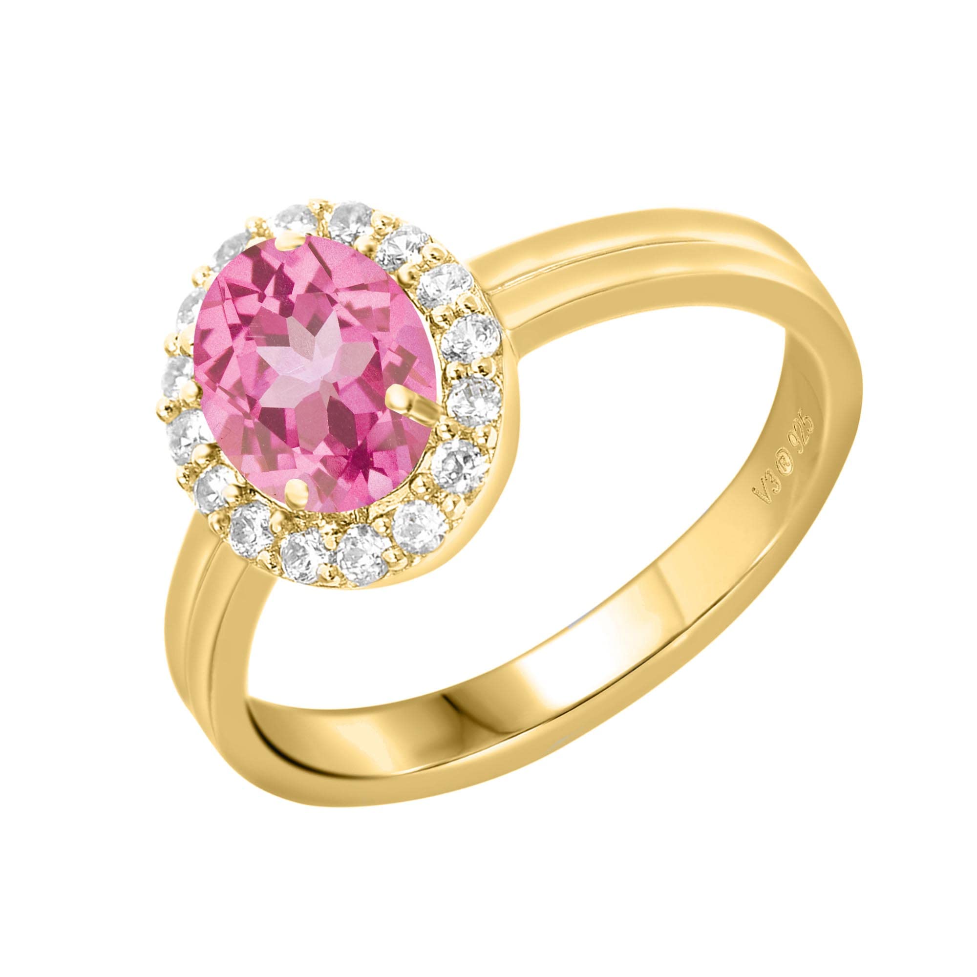 14K Gold Over Sterling Silver Pink & White Topaz Halo Ring for Women - Elegant Engagement, Wedding, Anniversary Gift Jewelry