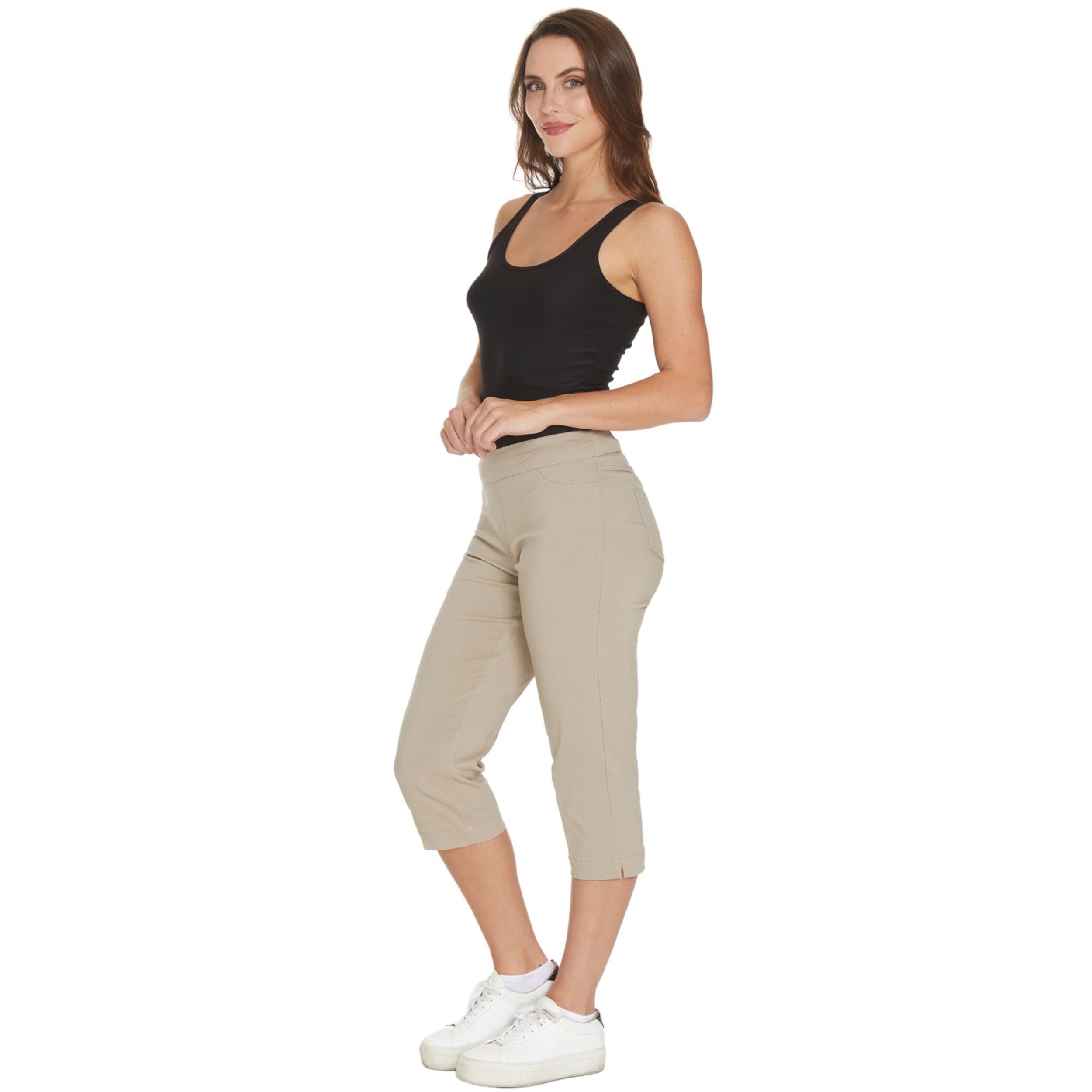 Slim-Sation Women's Tummy Control Wide Waistband Pull-On Straight Leg Capri Pants for Workout, Yoga & Casual Wear